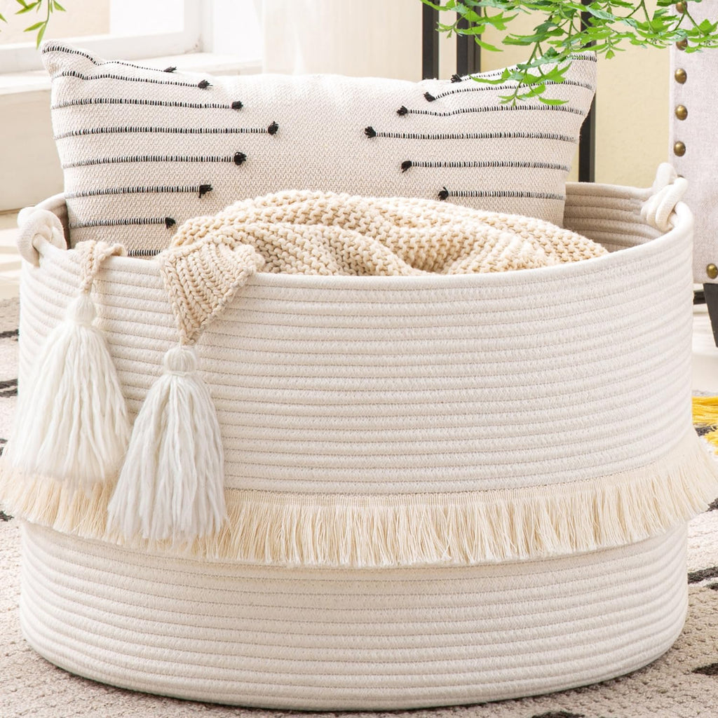 KAKAMAY Large Blanket Basket (20"x13"),Woven Baskets for storage Baby Laundry Hamper, Cotton Rope Blanket Basket for Living Room, Laundry, Nursery, Pillows, Baby Toy chest (White)