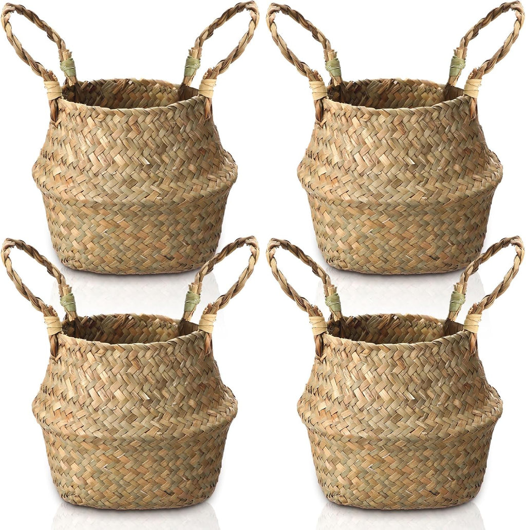 Qunclay 4 Pcs Woven Seagrass Baskets Belly Basket Folding Boho Natural Plant Pot with Handles Round Decorative Wicker Large Indoor Planter for Home Outdoor Tree Planters Decor (6.3 x 5.9 Inch)