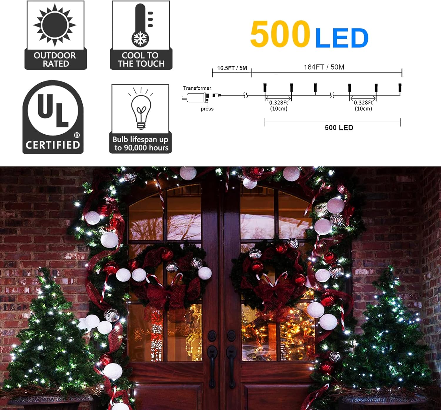 164Ft 500 LED White Christmas Lights, Waterproof 8 Twinkle with Memory Functions Christmas Tree Lights for Indoor Outdoor Christmas Tree Garden Decoration (164FT, White)