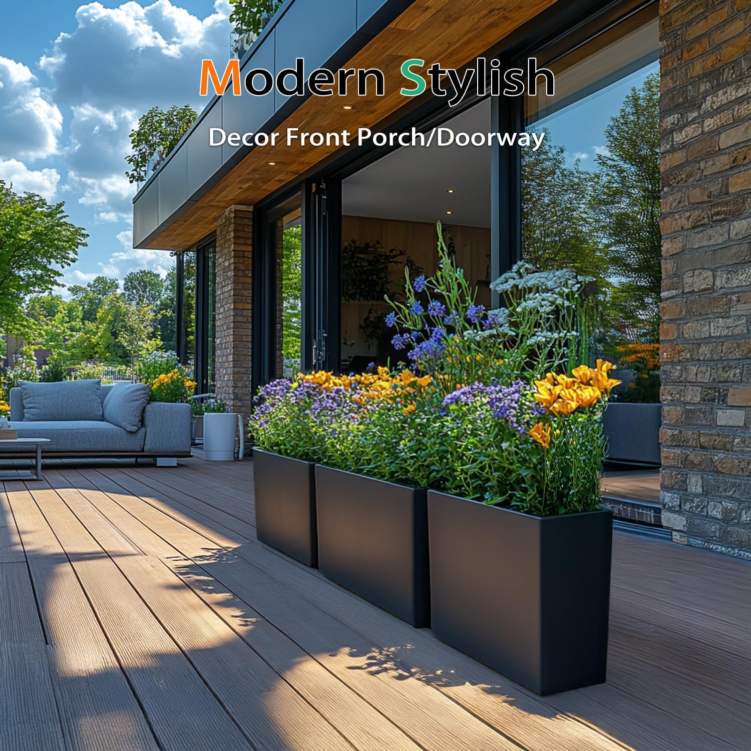 Rectangular Planter Box for Outdoor Plants, Large Tall Resin Garden Pots for Front Porch, Patio, Indoor (Black, 25 x 21 inch)