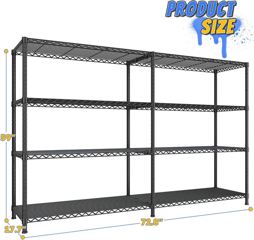 REIBII 72.8" W Storage Shelves Load 1500LBS, 4 Tier Metal Shelving Unit Wire Shelving for Storage Rack Heavy Duty Metal Shelves for Garage Pantry Kitchen, 17.7" D x 72.8" W x 59" H