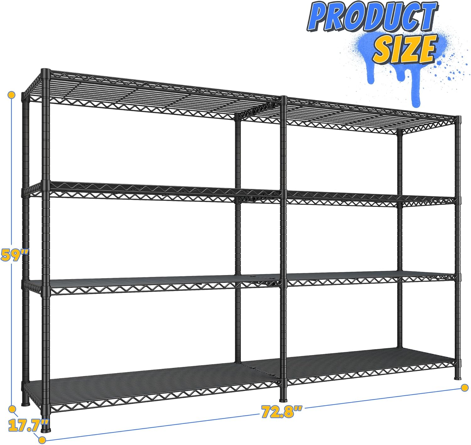 REIBII 72.8" W Storage Shelves Load 1500LBS, 4 Tier Metal Shelving Unit Wire Shelving for Storage Rack Heavy Duty Metal Shelves for Garage Pantry Kitchen, 17.7" D x 72.8" W x 59" H