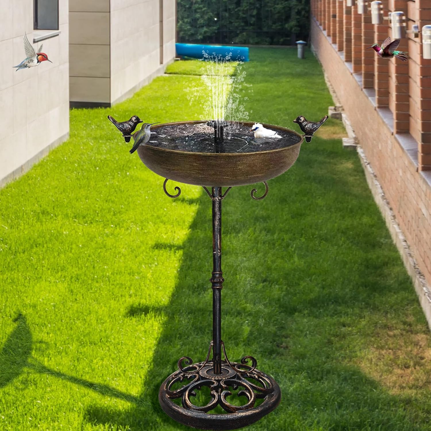 Cast Iron Bird Bath, Bird Baths for Outdoor, Metal Bird Bath with Bird Statues Bird Bath and Bird Feeder Bowl Tray Yard Garden Lawn Outside Decoration