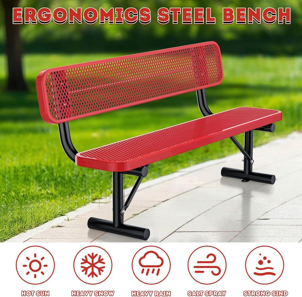 6Ft Heavy Duty Park Bench with Back Portable Frame, Outdoor Steel Bench with Backrest, Expanded Metal Mesh Bench for Lawn, Park, Deck, Garden, Patio, Porch, Red