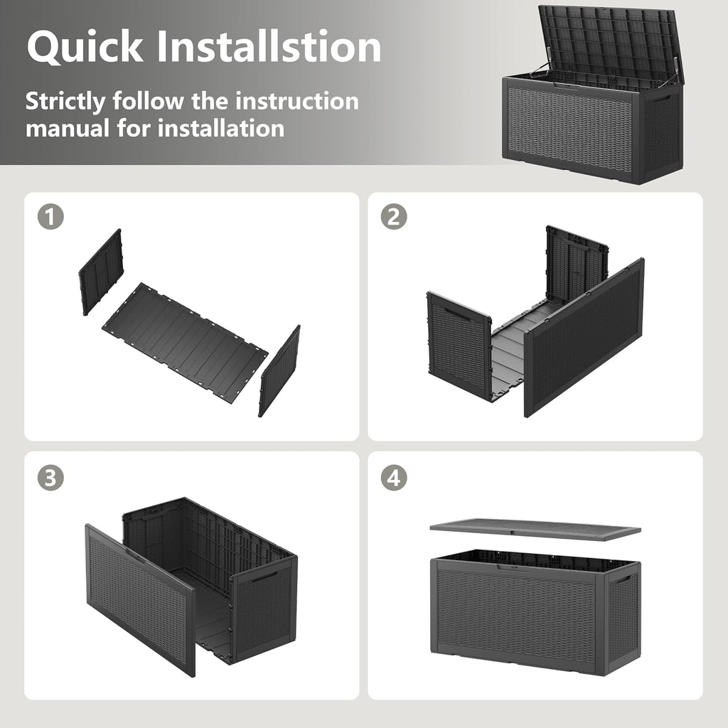 KAMABOKO 101 Gallon Waterproof Large Resin Deck Box, Lockable Large Outdoor Storage Boxes Indoor Outdoor Storage Container for Patio Cushions, Gardening Tools, Pool Supplies, Black