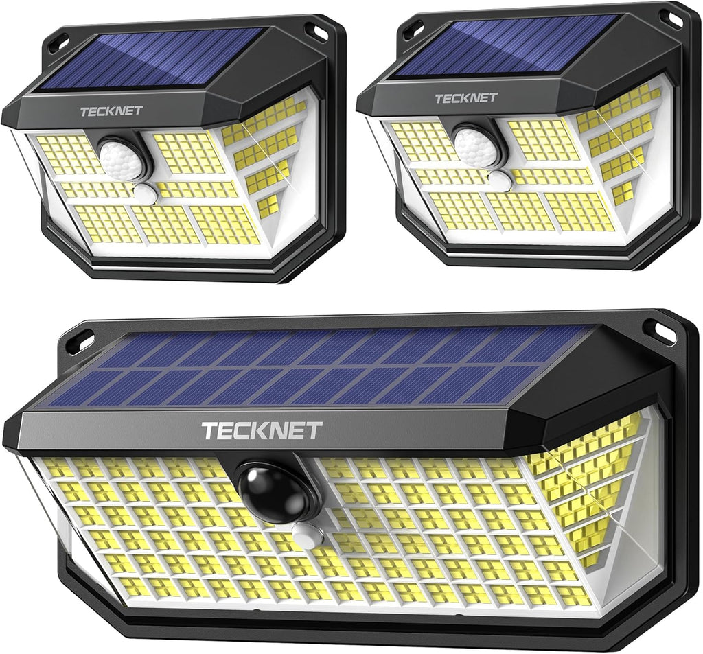 TECKNET Super Bright Solar Lights Outdoor 3 Pack, 2×231 LED and 1×416 LED, 300° Angle & 3 Lighting Modes Motion Sensor Outdoor Lights, Waterproof for for Fence Front Door Yard Deck Garden Garage