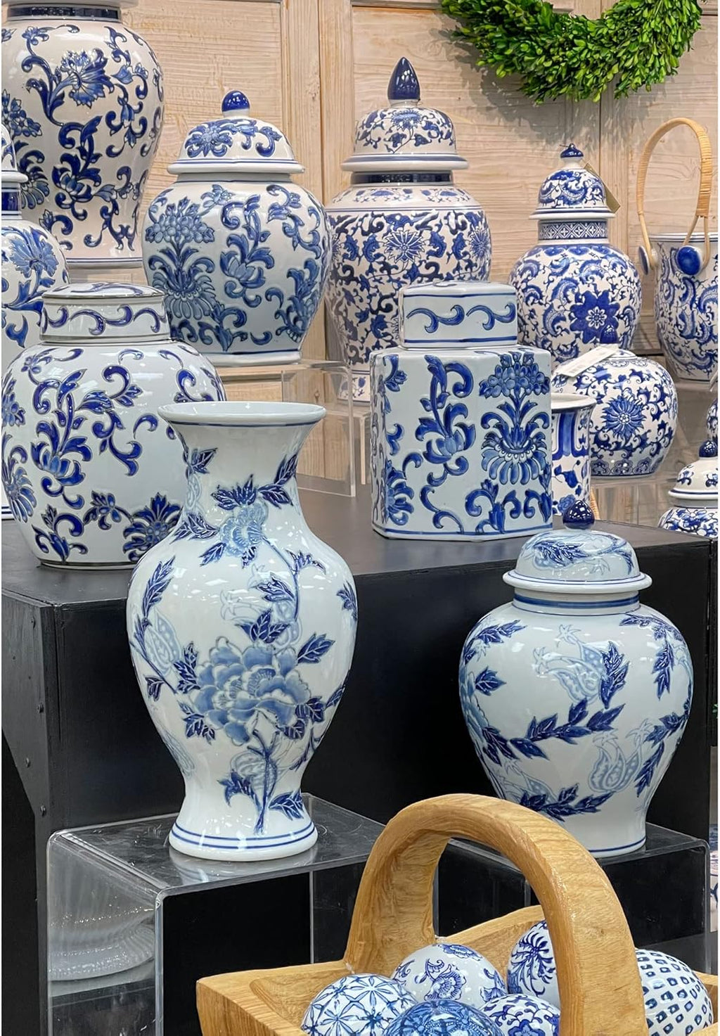 Galt International Blue and White Floral Chinoiserie Ceramic Vase 14" - Hand Painted Antique Style Porcelain Flower Bottle Fishtail Porcelain Chinese Vase for Home Decor Centerpiece