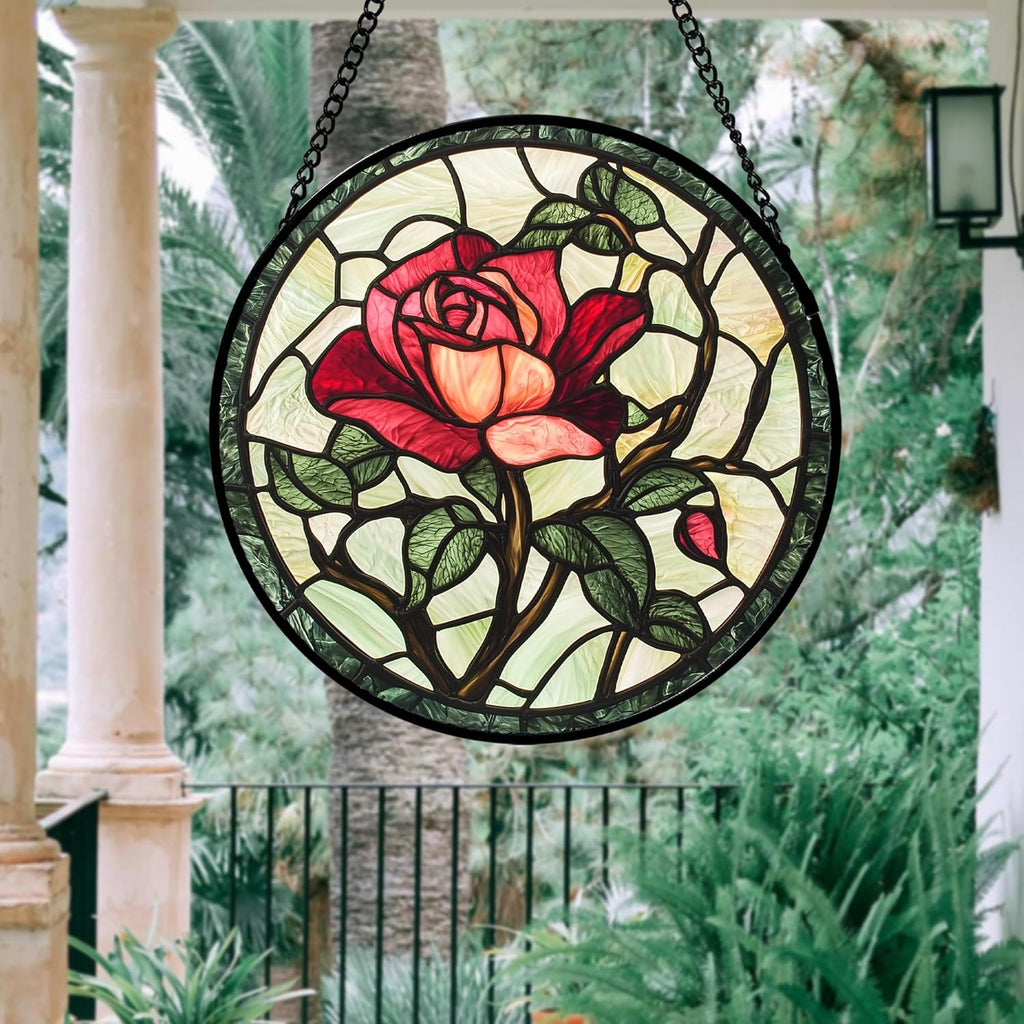 Stained Glass Window Hanging, Red Rose Flowers Sun Catcher for Door Garden Home Decor Suncatcher Christmas Mother's Day Birthday Gifts for Women Lovers Men Wife Girlfriend Mom Nana 7.8 in