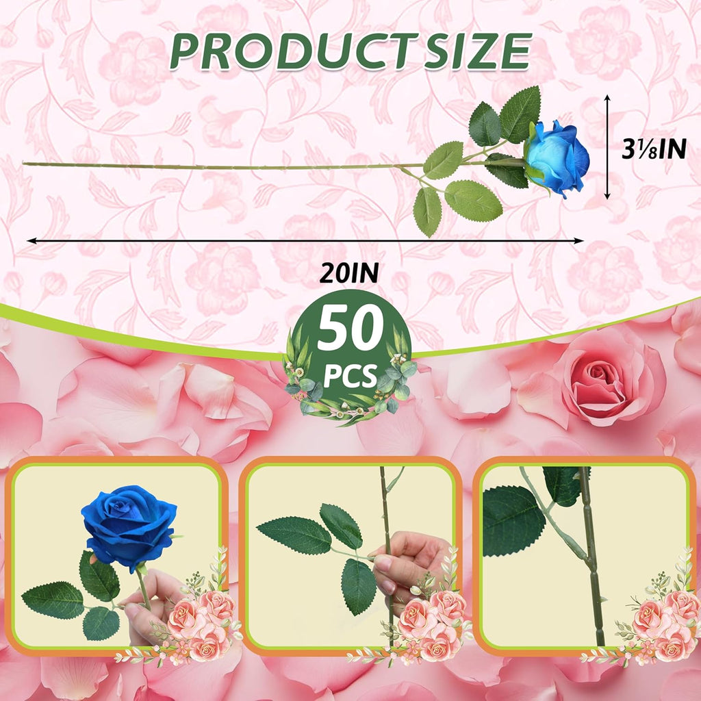 50 PCS Fake Blue Roses, Artificial Blue Flowers Realistic Silk Faux Rose with Stems for Wedding Decorations Romantic Gifts Anniversary Celebration Bridal Bouquets DIY Floral Arrangement Home Decor