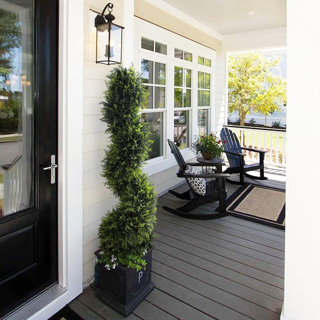 39 inchBoxwood Artificial Cedar Spiral Topiary Trees – Decorative Fake Greenery in Planter Pots for Front Porch, Outdoor Walkway, Entryway Decorating, Set of 2