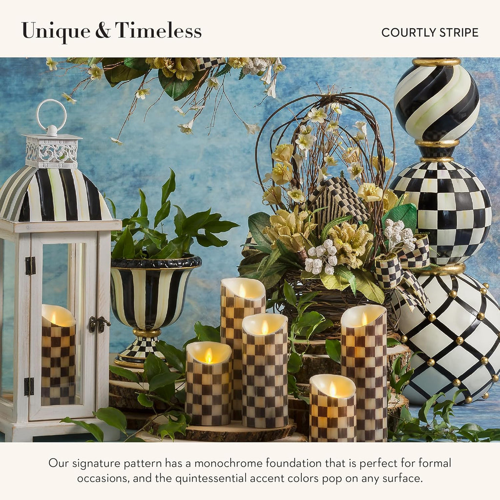 MACKENZIE-CHILDS Pedestal Tabletop Urn, Decorative Centerpiece for Table, Mantel, or Shelf, Small, Black-and-White Courtly Stripe