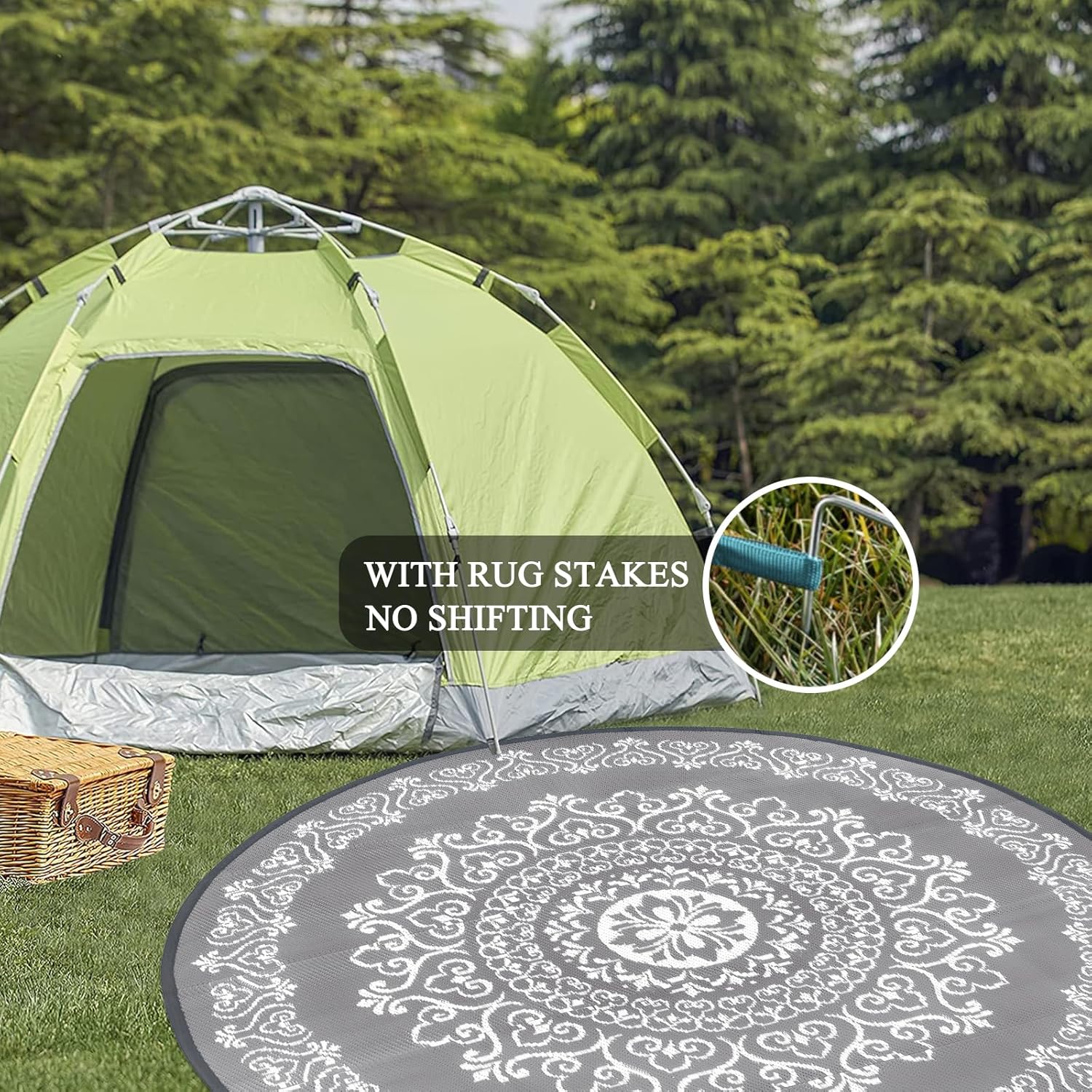 Pauwer Waterproof Outdoor Rug 6ft, Reversible Plastic Straw Patio Camping Rug, Indoor Outdoor RV Mat Carpet for Deck, Camper, Porch, Balcony, Backyard, Picnic, Floral Grey