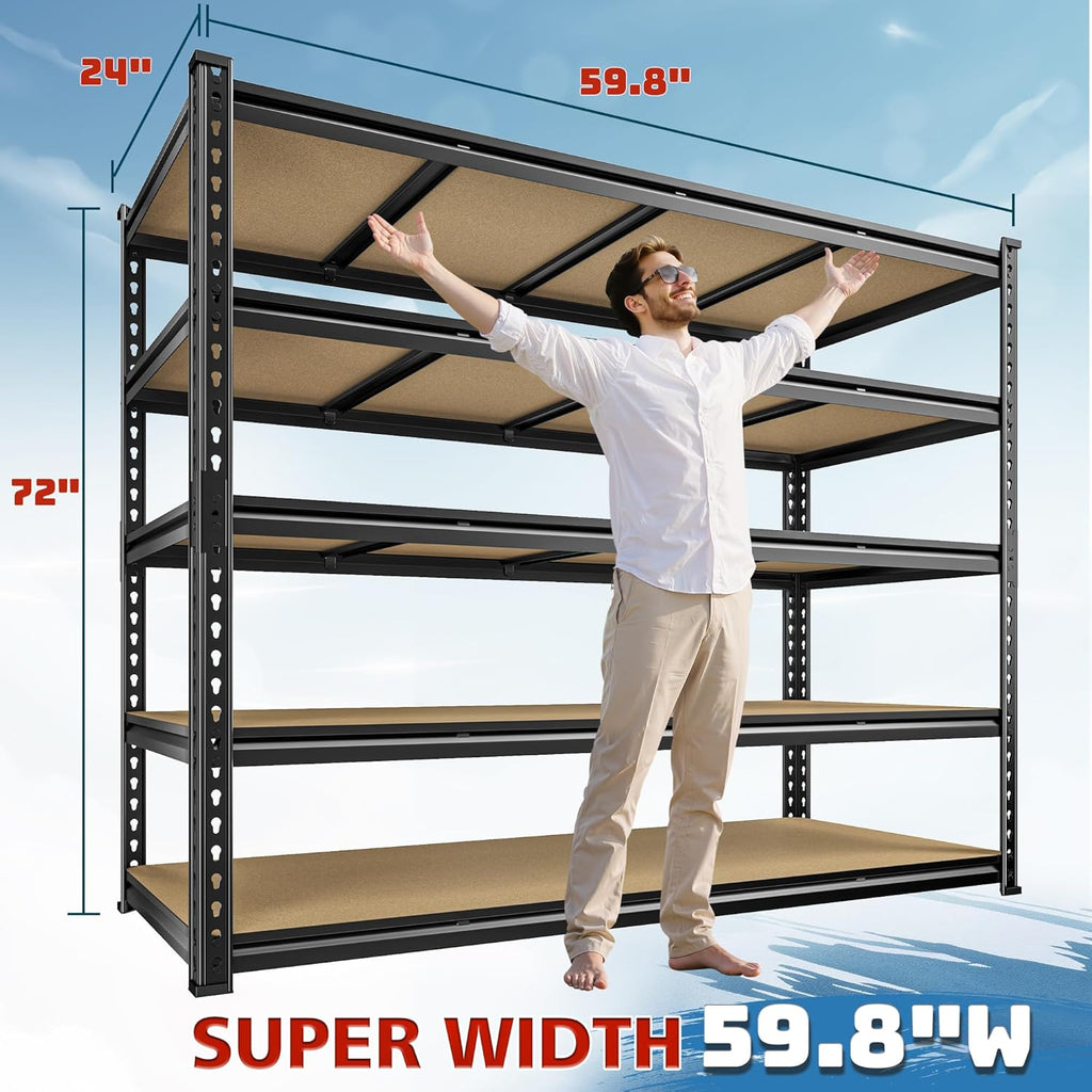 59.8"W Garage Shelving 72"H Storage Shelves 2750LBS Metal Shelving Heavy Duty Garage Shelves Adjustable 5 Tier Metal Shelf for Basement Warehouse Pantry Supermarket 59.8"W x 24"D x 72"H