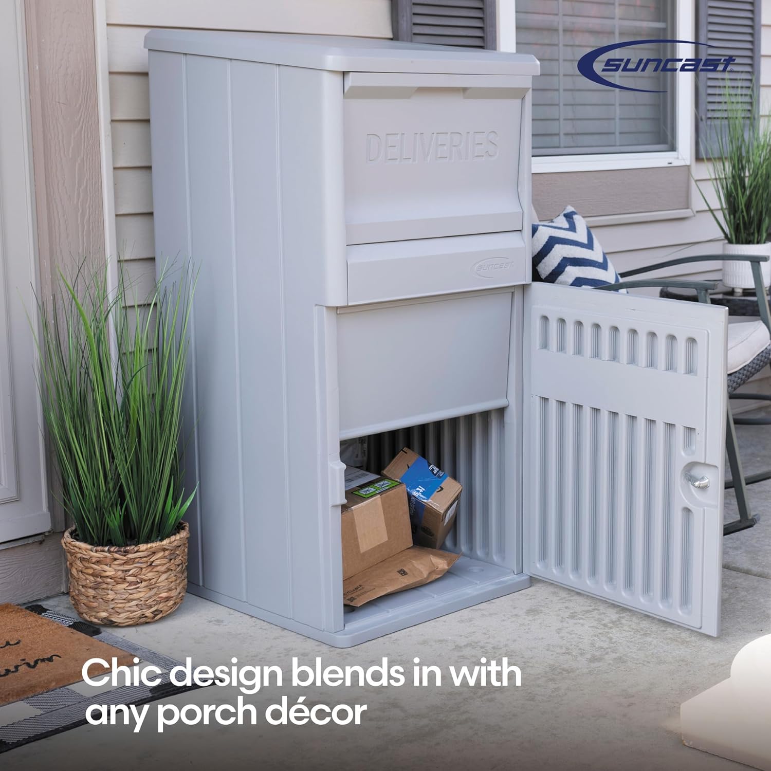 Suncast 33.5-Gallon Capacity Package Delivery Box, Parcel Drop Box with Lock, Weather Resistant Outdoor Storage Solution for Secure Package Deliveries, Made in USA