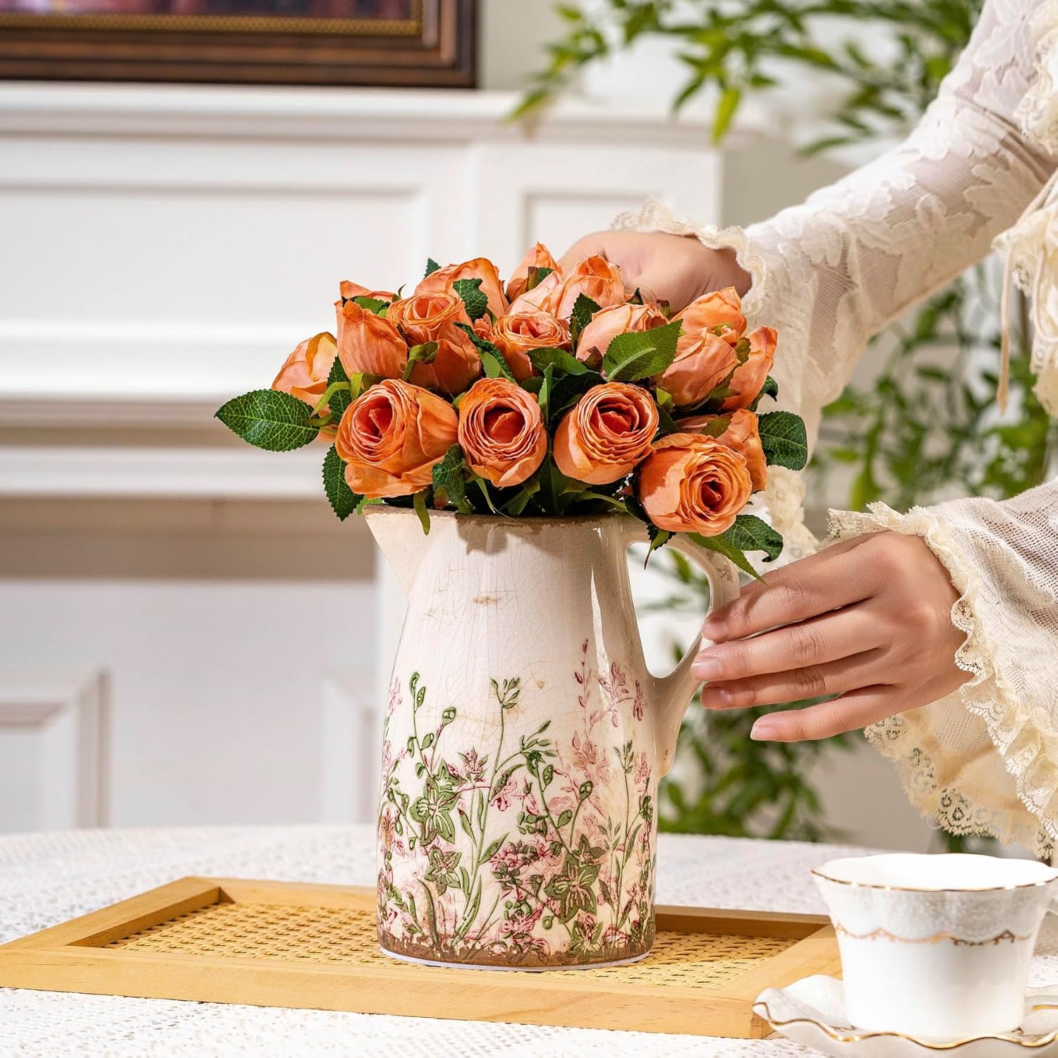 Vintage Pink and Green Floral Pitcher Vase with Handle, Ceramic Farmhouse Flower Vase French Country Decor, Rustic Table Centerpiece, Grand Millennial Tuscan Home Decor for Living Room, Bookshelf