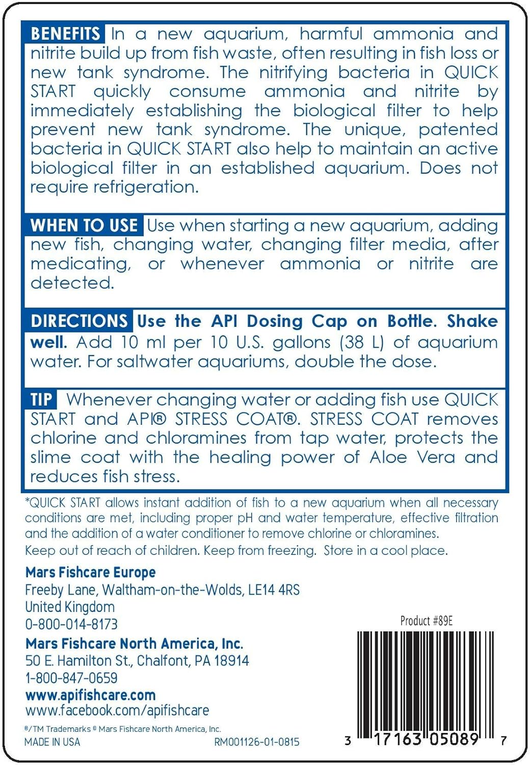 API QUICK START Freshwater and Saltwater Aquarium Nitrifying Bacteria 16-Ounce Bottle