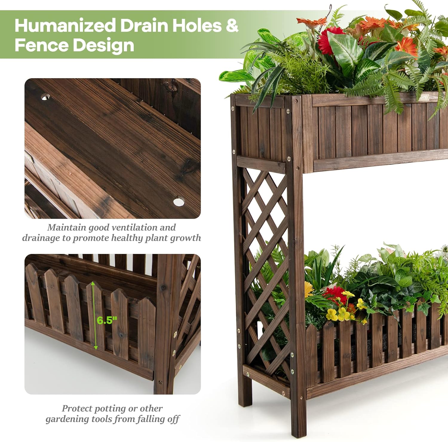 S AFSTAR 2-Tier Raised Garden Bed, Indoor Outdoor Flower Bed with Bottom Shelf Fence, 35.5” H Wood Elevated Planter Box for Vegetable Flower Herb Succulent, Ideal for Patio Balcony Backyard