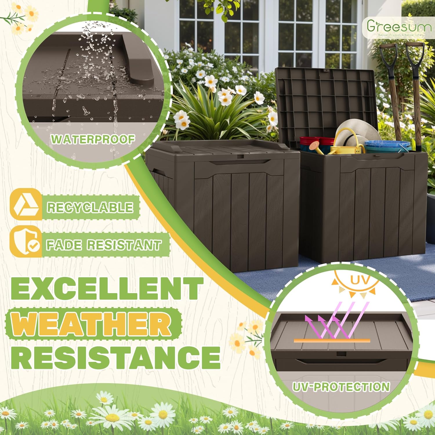 Greesum 31 Gallon Deck Box for Outside, All Weather Outdoor Storage Boxes for Patio Furniture Set, Package Delivery Box, Garden Tools, Brown(Set of 2)