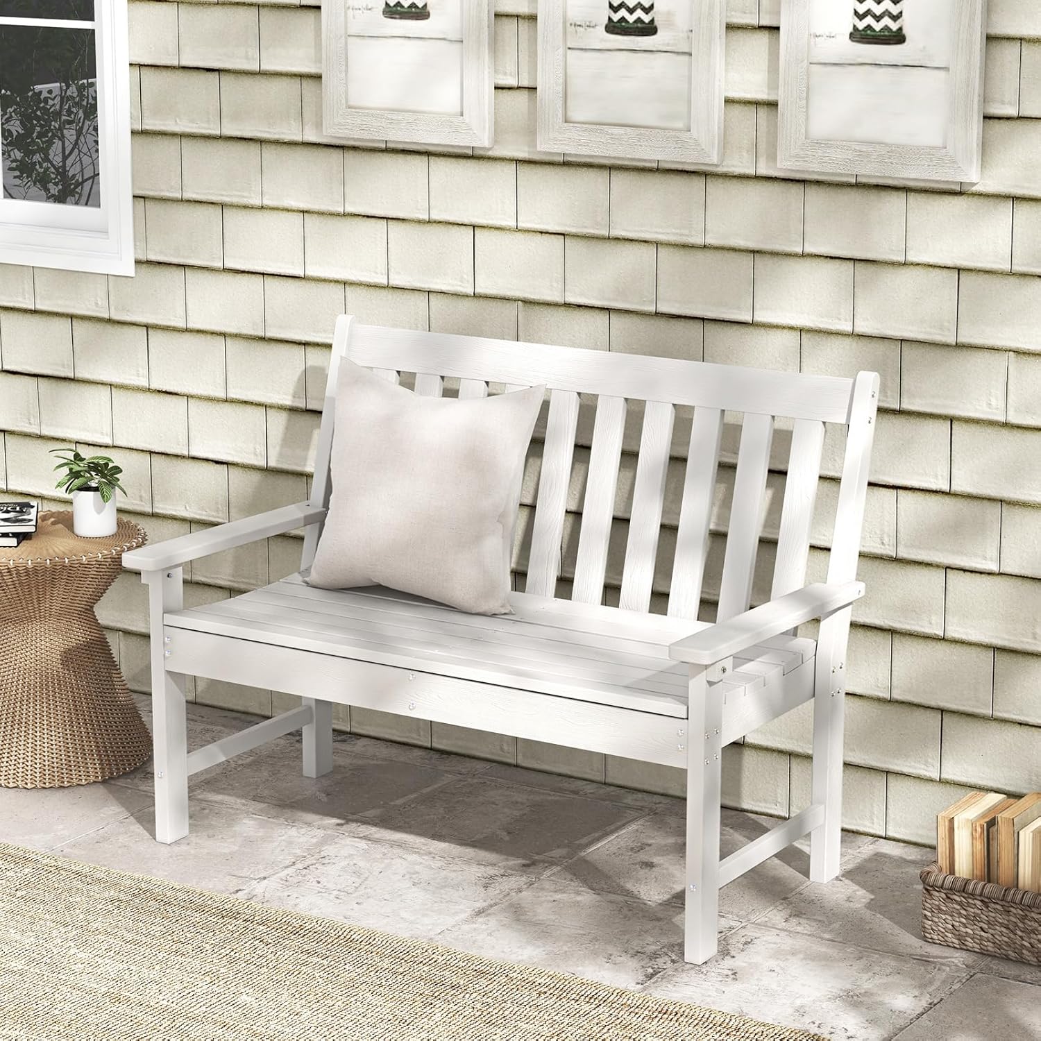 Giantex Outdoor Bench, 52-Inch Outside Bench All-Weather HDPE Park Bench with Backrest and Armrests, 705 lbs Weight Capacity, 2-Person Slatted Patio Bench for Porch, Yard, Lawn, Garden Bench (White)