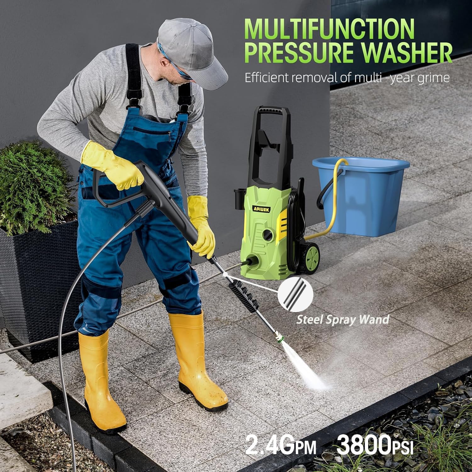 Electric High Pressure Washer - Portable Washer with 23 FT Water Outlet & 6.6 FT Inlet Hose, Steel Spray Wand, Foam-Adjustable Cannon,4 Nozzle Set, Cleans Car/Patio/Fence/Window, 3800PSI 2.4GPM