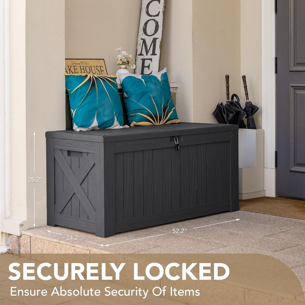 Devoko 120 Gallon Deck Box Resin Outdoor Storage Box Waterproof for Patio, Large Outdoor Storage Bench Lockable for Outside (Grey)