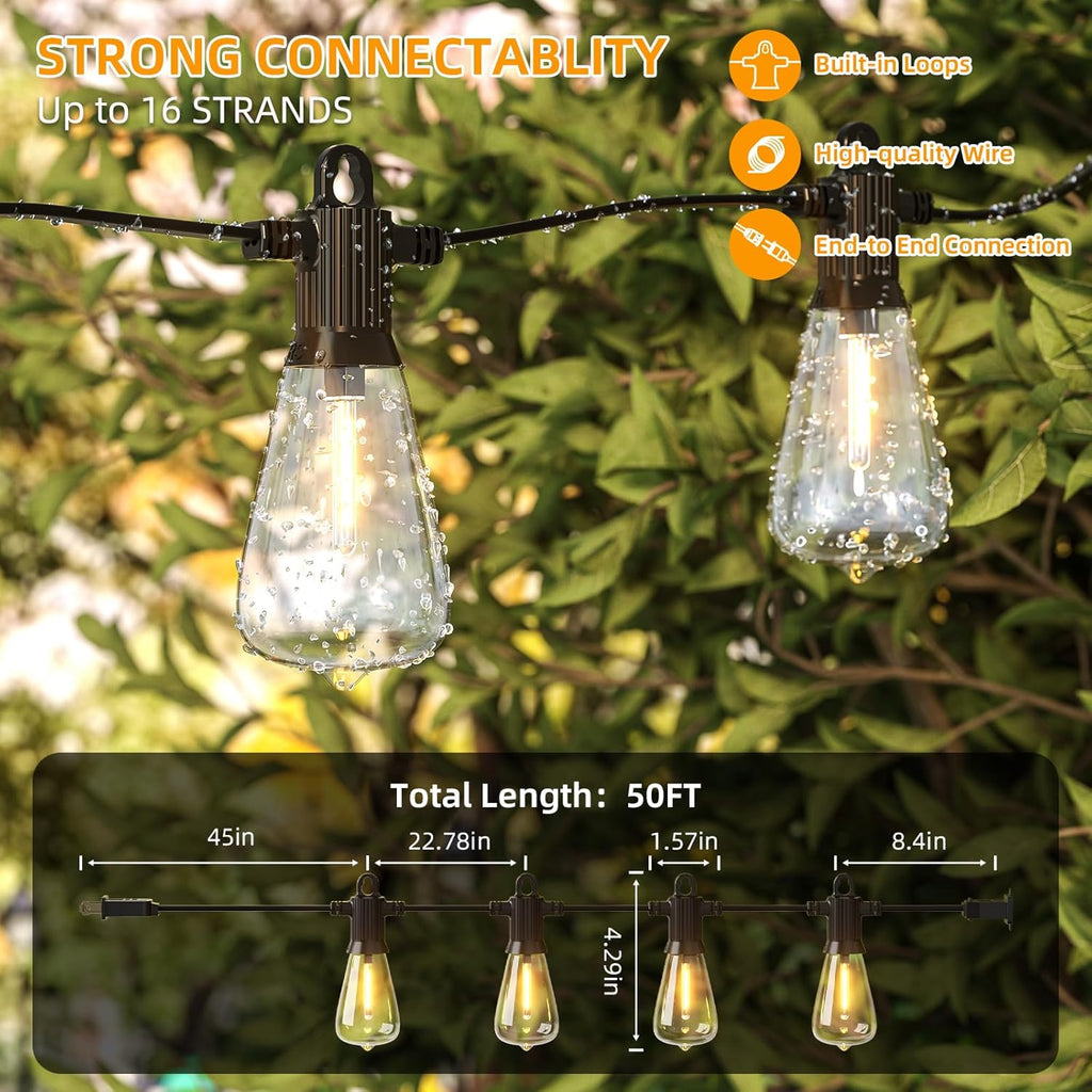 FOOMAN LED Outdoor String Lights, 50FT Outside Waterproof Patio Lights with 25+2 Shatterproof ST38 Edison Bulbs, 2700K Warm White Hanging Light, Dimmable Light for Backyard Garden Bistro Party