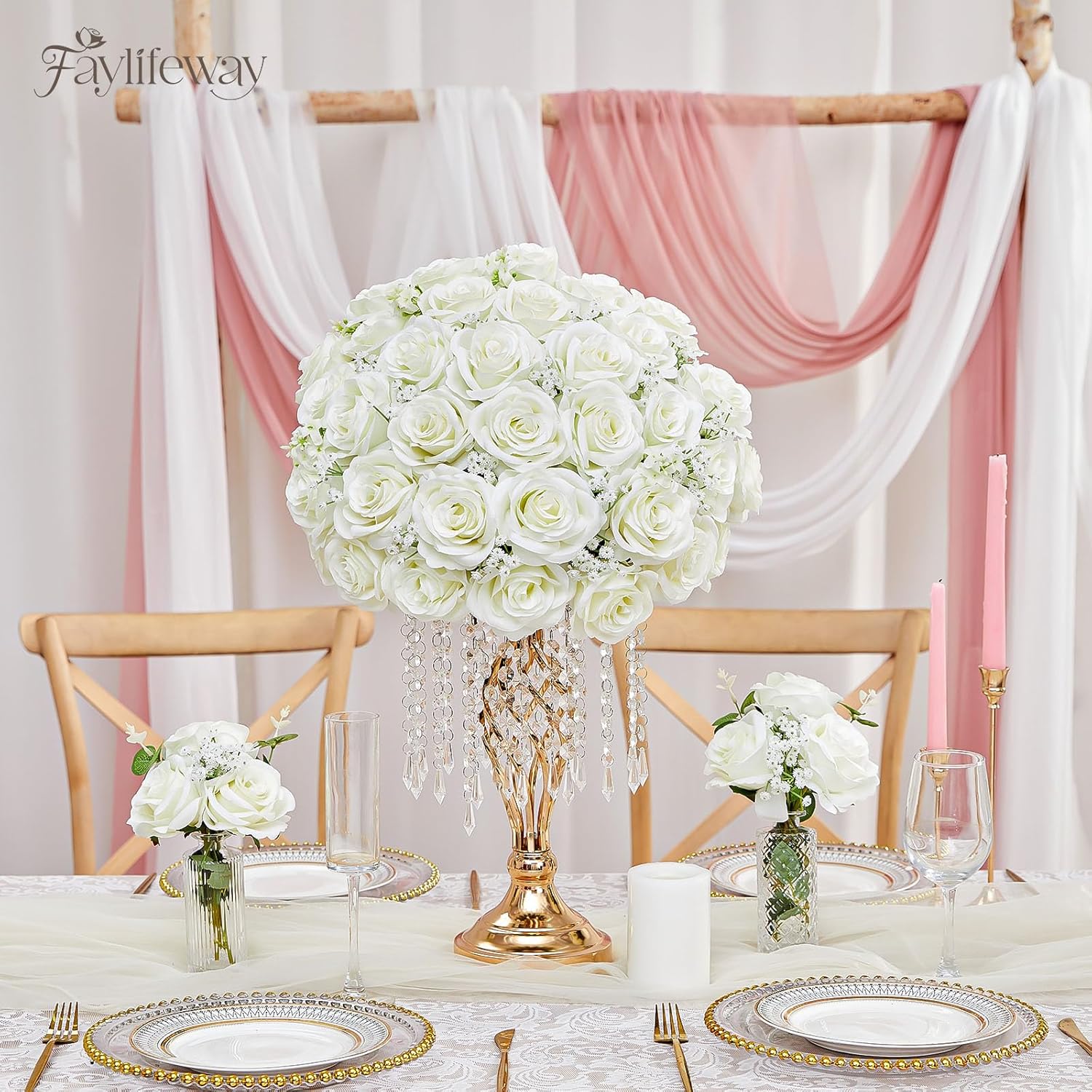 20PCS Artificial White Roses, 3.9'' Silk Flower Head Fake White Rose with Long Stems, Realistic Faux Roses Bouquet for DIY Wedding Home Party Office Decoration