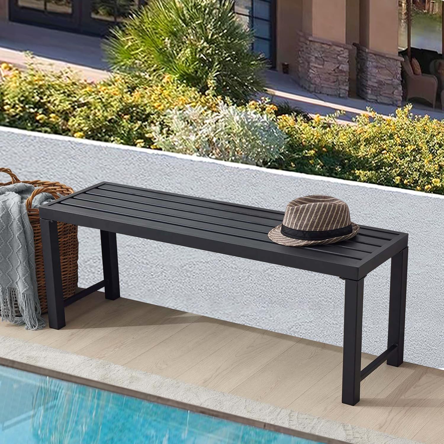 Black Outdoor Bench, Outdoor Metal Backless Bench, 46" Patio Garden Bench for Outdoor, All Weather Outdoor Bench for Garden, Backyard, Porch, Black