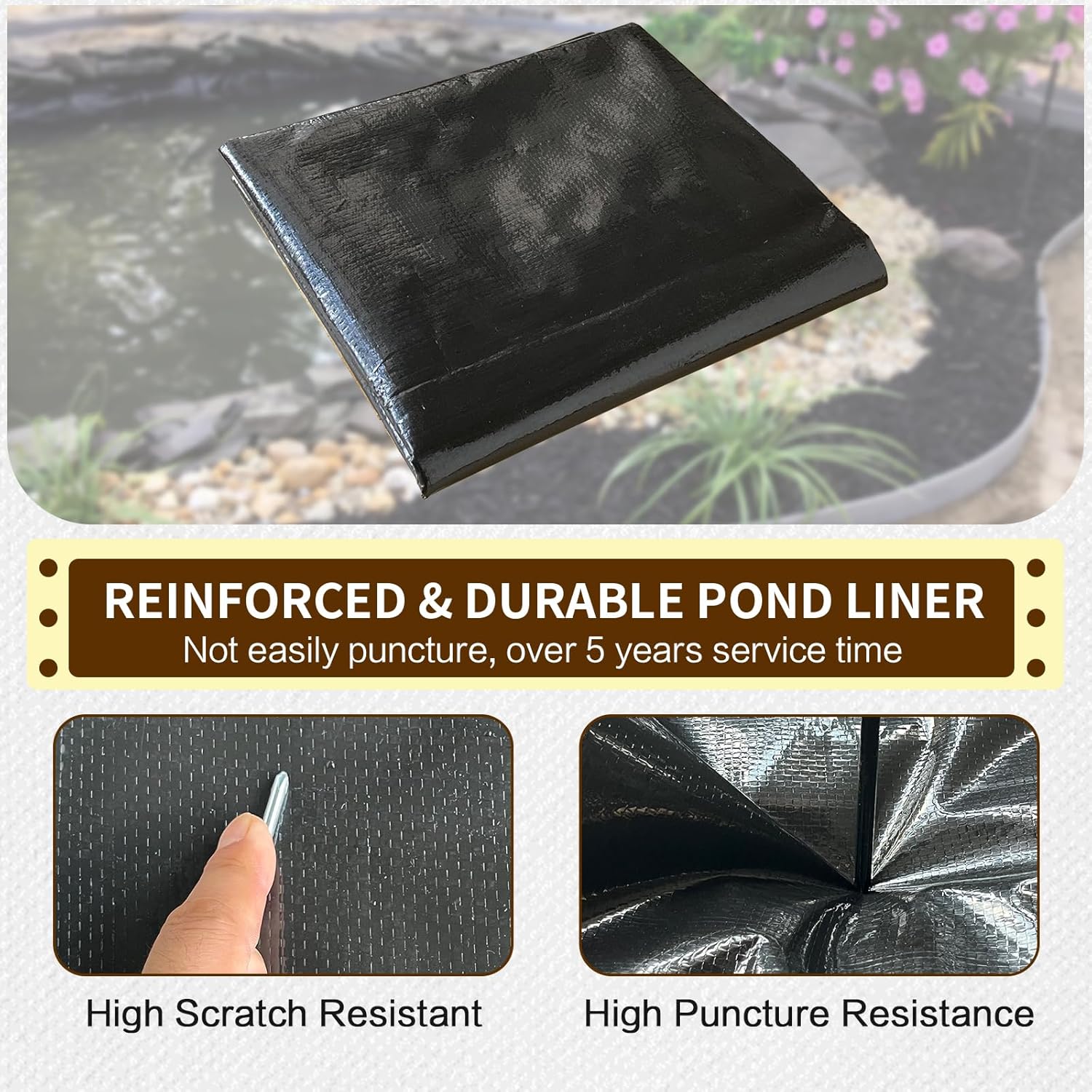 yeezoo 15x20FT Reinforced PE Pond Liner, KOI Pond Liners for Outdoor Ponds, Enhanced 5-Layer Structure Pond Liner for Fish, Duck, Garden Raised Bed and Waterscape Pond(0.63oz/sq ft Thickness)