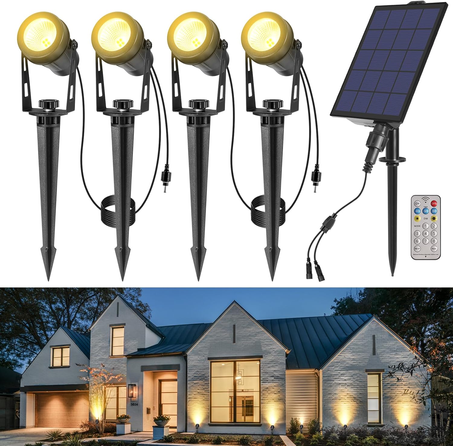 Solar Spot Lights Outdoor, 4-in-1 Landscape Lights with Remote Control, Auto On/Off Solar Uplights for Yard Garden Tree Decoration (Warm White)