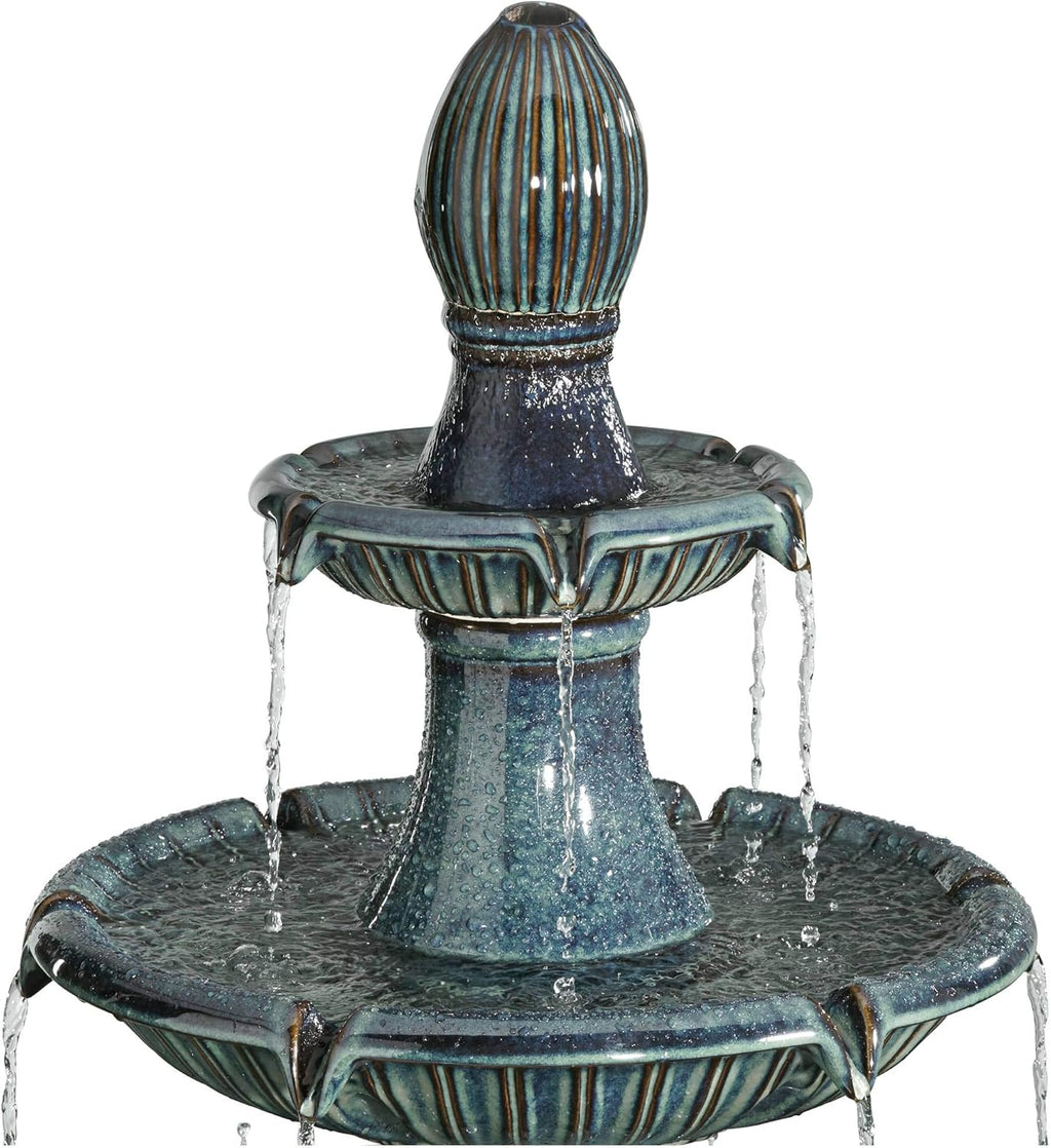 Formentera 46" High Large Italian Indoor Outdoor Decor Teal Blue Ceramic Floor Fountain with Light LED Waterfall 3-Tier Standing Water Feature for Outside Garden Patio Yard Backyard - John Timberland