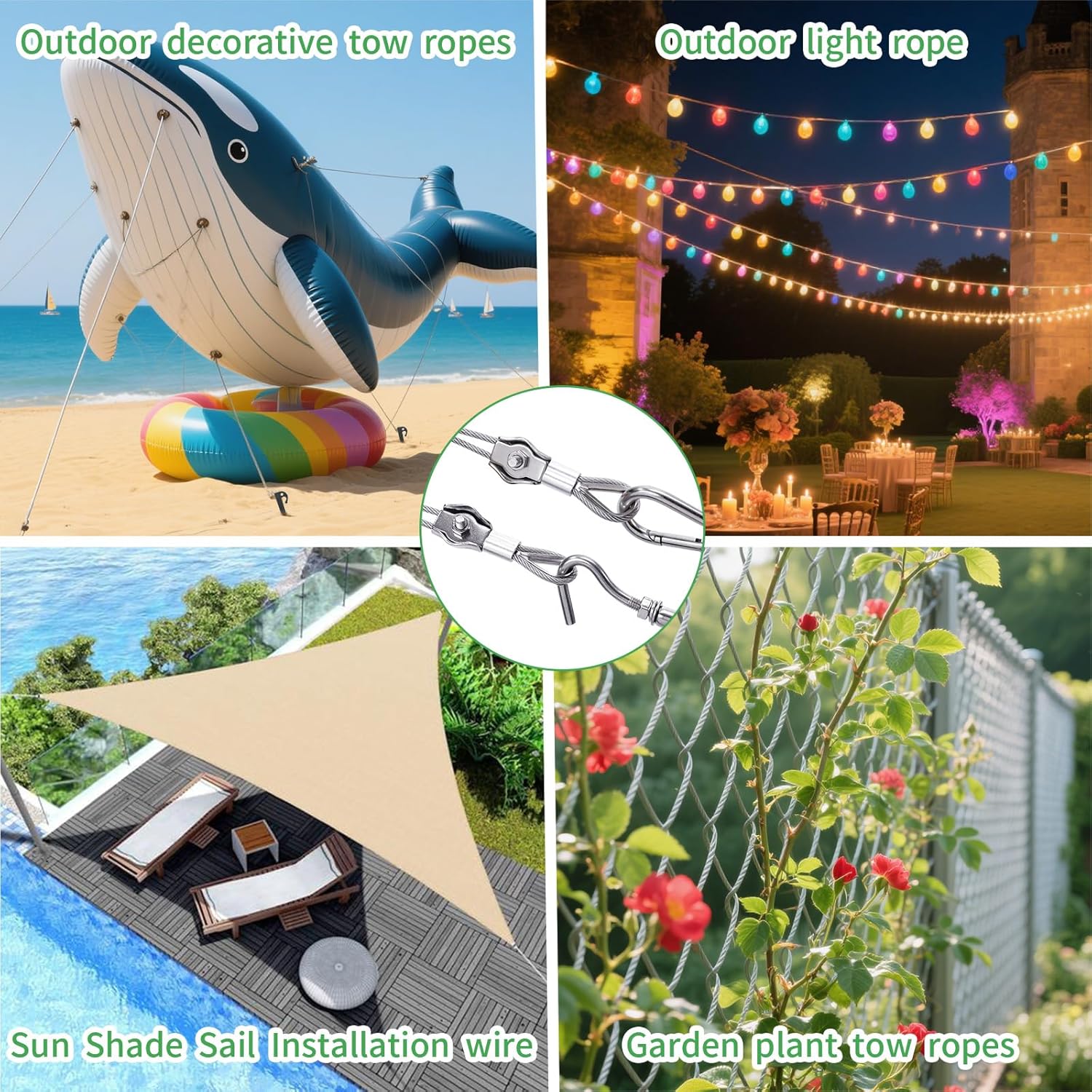 1/8" Wire Cable Rope Kit ，Vinyl Coated 304 Stainless Steel Wire – 200FT 7x7 Strand Cable with Turnbuckles，Shade Sail & Hanging Lights Hardware Kit for Outdoor, Garden,Patio, Crafts,