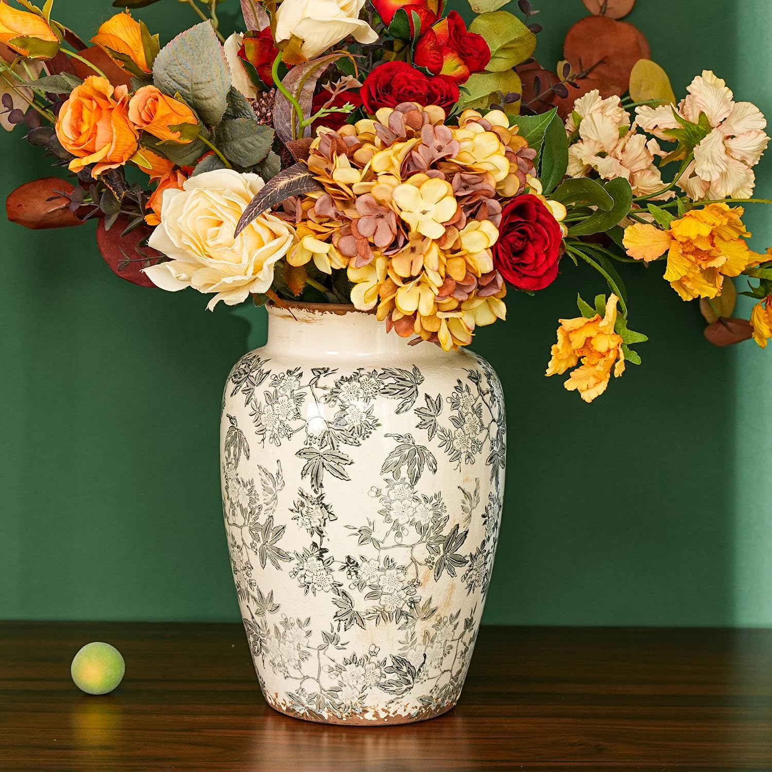 Sungmor Ceramic Flower Vase, Vintage Ice Cracked Glaze Porcelain Vase, Pretty Home Decor Vase for Flower Arrangement, Fresh Flowers, 10.2 Inch Tall Chinoiserie Pottery Vase, Gray Floral Pattern