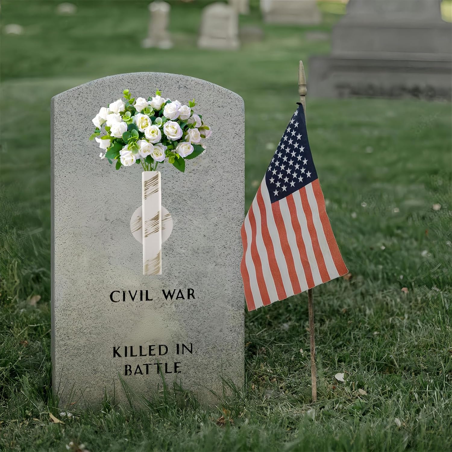 Self Adhesive Wall Vase Metal Tube Decoration Holder Used to Display Dried Flower, Faux Flowers, Fake Flowers, Also Suitable for Cemetery Memorial Decoration (2 Pcs White Gold Stripe)