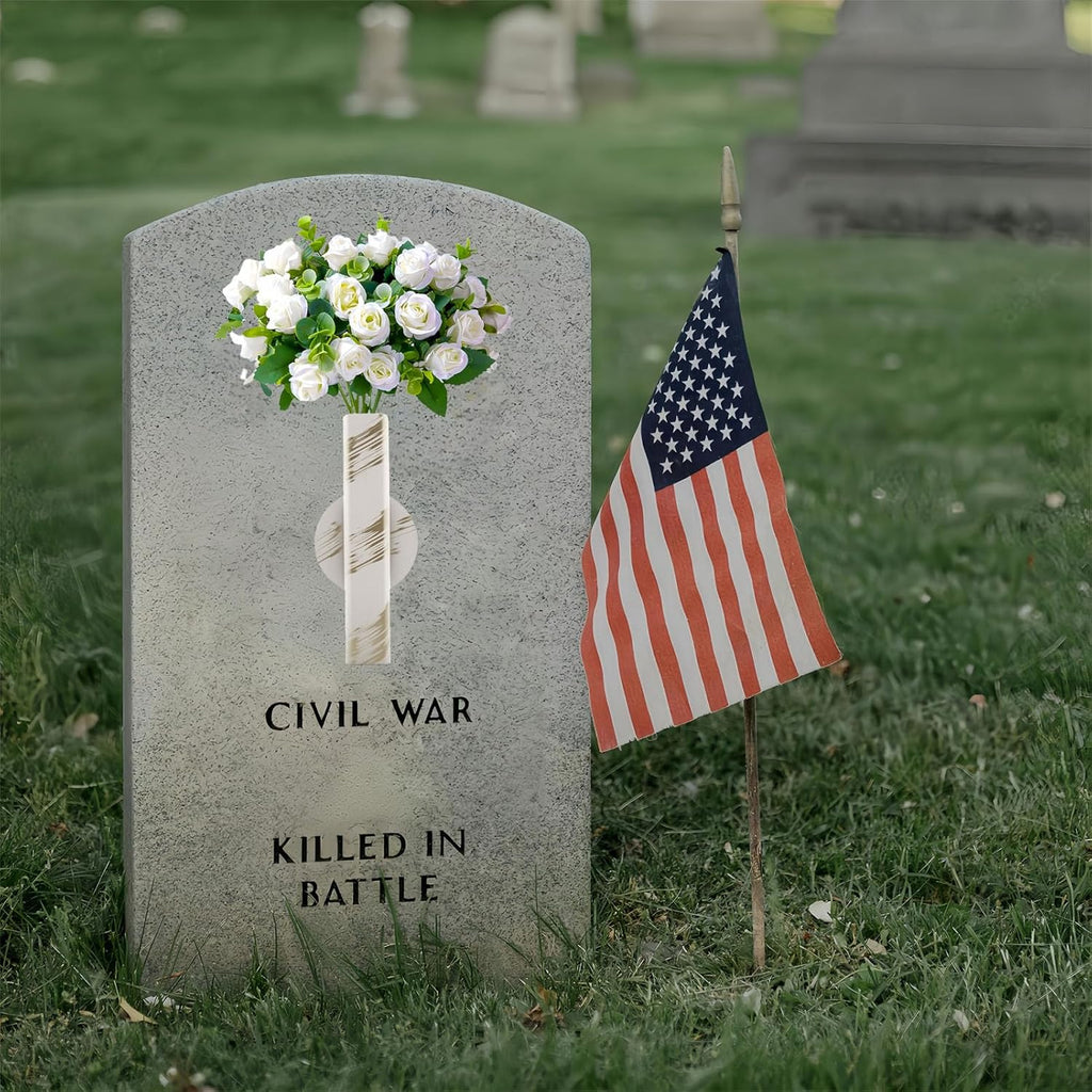 Self Adhesive Wall Vase Metal Tube Decoration Holder Used to Display Dried Flower, Faux Flowers, Fake Flowers, Also Suitable for Cemetery Memorial Decoration (1 Pcs White Gold Stripe)