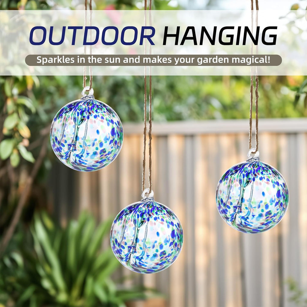 VOREEN 6" Hanging Glass Garden Gazing Ball Hand Blown Glass Witch Ball Christmas Ornament Friendship Balls for Outdoor Garden Patio Window Home Décor Gift for Mom Wife Friend, Green Blue