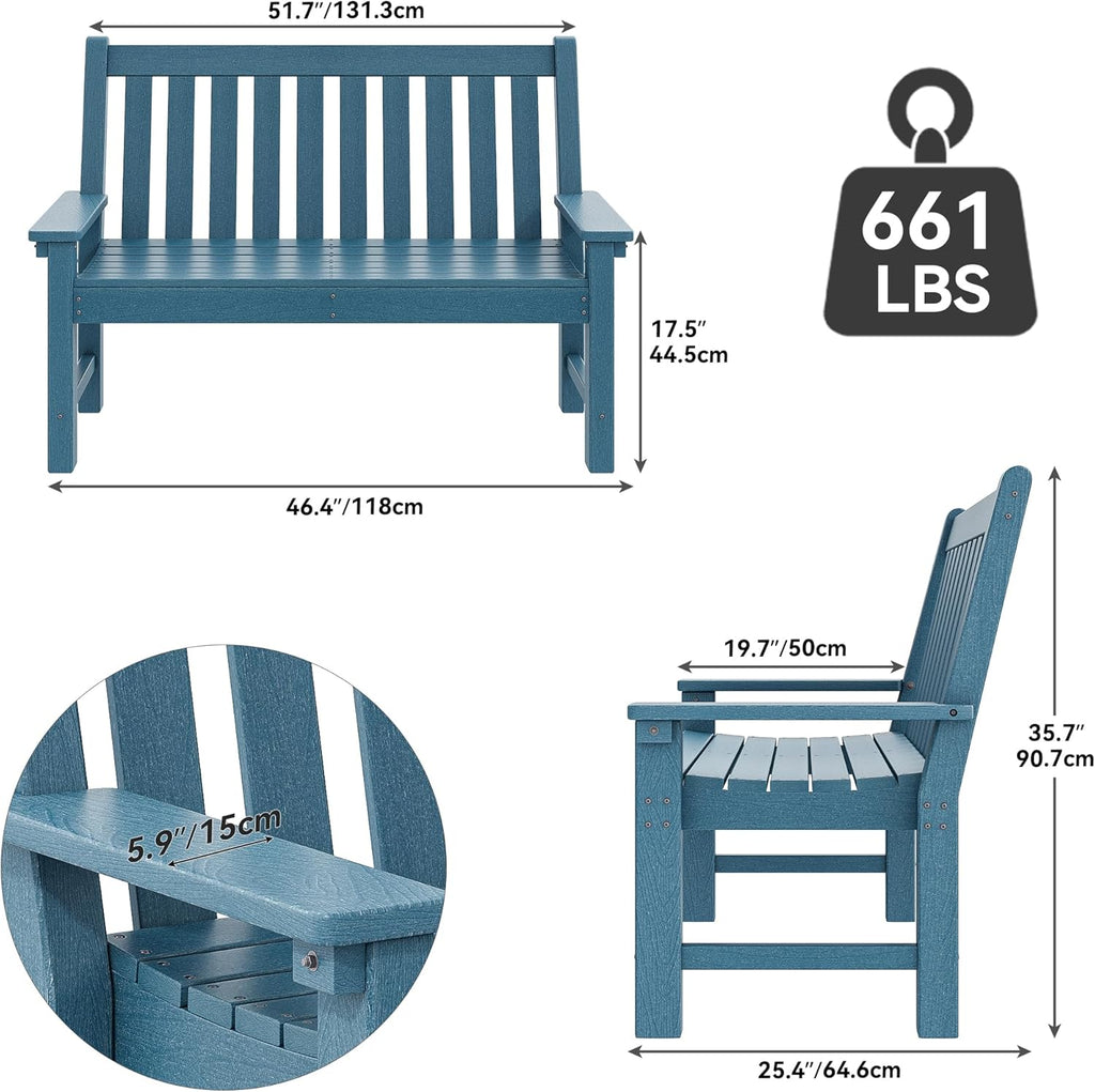 YITAHOME HDPE Garden Bench, All Weather Outdoor Bench w/Max Bearing 661LBS, 2-3 Persons Patio Bench Fade/Rot Resistance for Park, Porch, Patio & Backyard, Blue