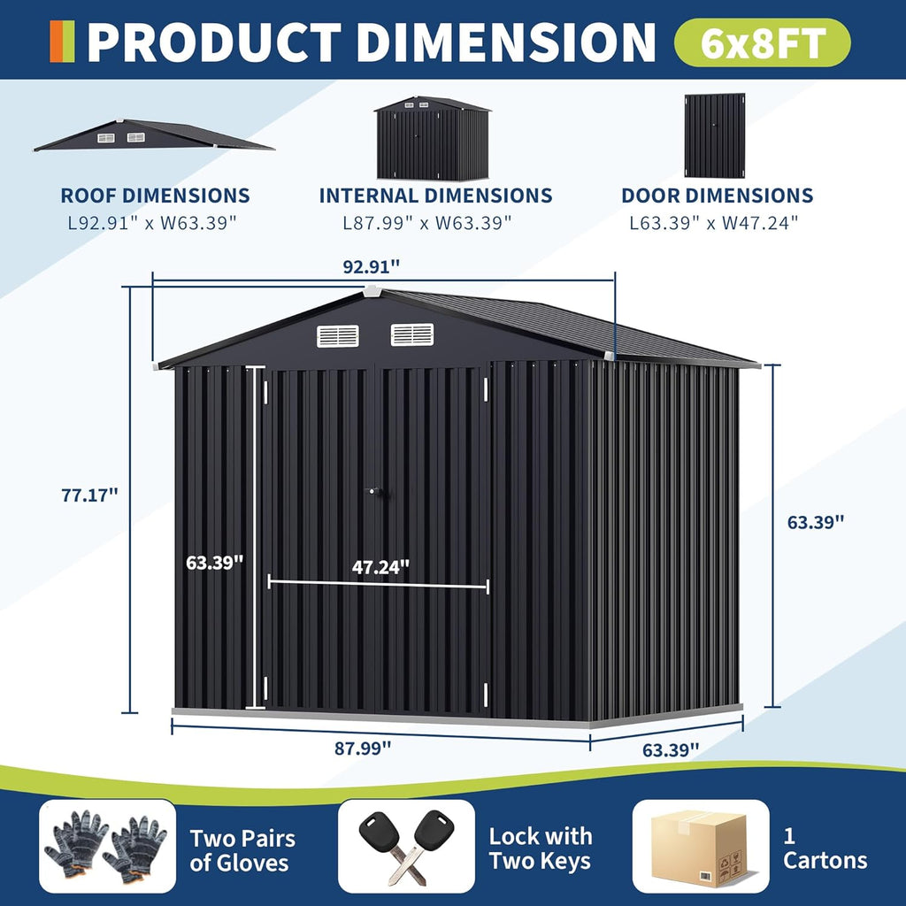 6x8 FT Metal Storage Sheds Outdoor with Floor, Metal Yard Sheds Garden Shed Kit, MetalTool Shed with Lockable Door, Metals UtilitySheds Buildings with Air Vent for Backyard Garden Patio Lawn