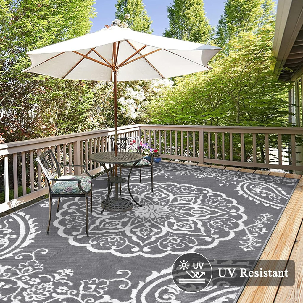 Pauwer Waterproof Outdoor Rug 6x9, Reversible Plastic Straw Patio Camping Rug, Indoor Outdoor RV Mat Carpet for Deck, Camper, Porch, Balcony, Backyard, Picnic, Boho Grey