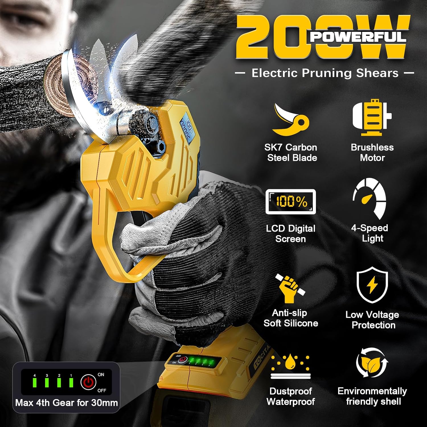 TOCiTAA Cordless Electric Pruning Shears Compatible with Dewalt 20v Battery, Portable Pruner Garden Tool Brushless & Imported SK7 Steel Blades, 1.5-2 Inch Cutting Diameter (Tool Only)