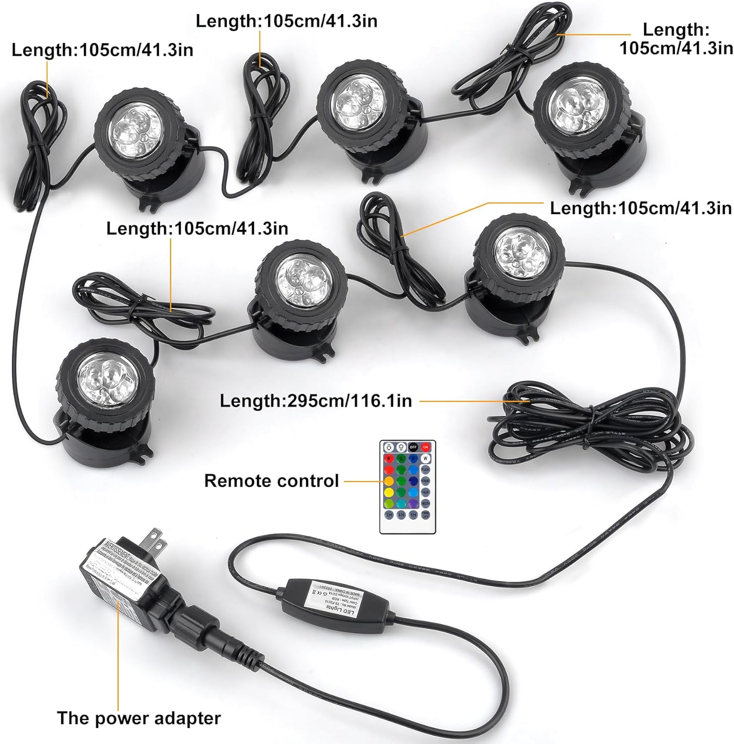 RGB Pond Lights with Timer, LED Underwater Submersible Colorful Landscape Spotlights, 98ft Remote Control IP68 Waterproof Fountain Lights for Fish Aquarium Tank Garden Yard Pool (Set of 6)