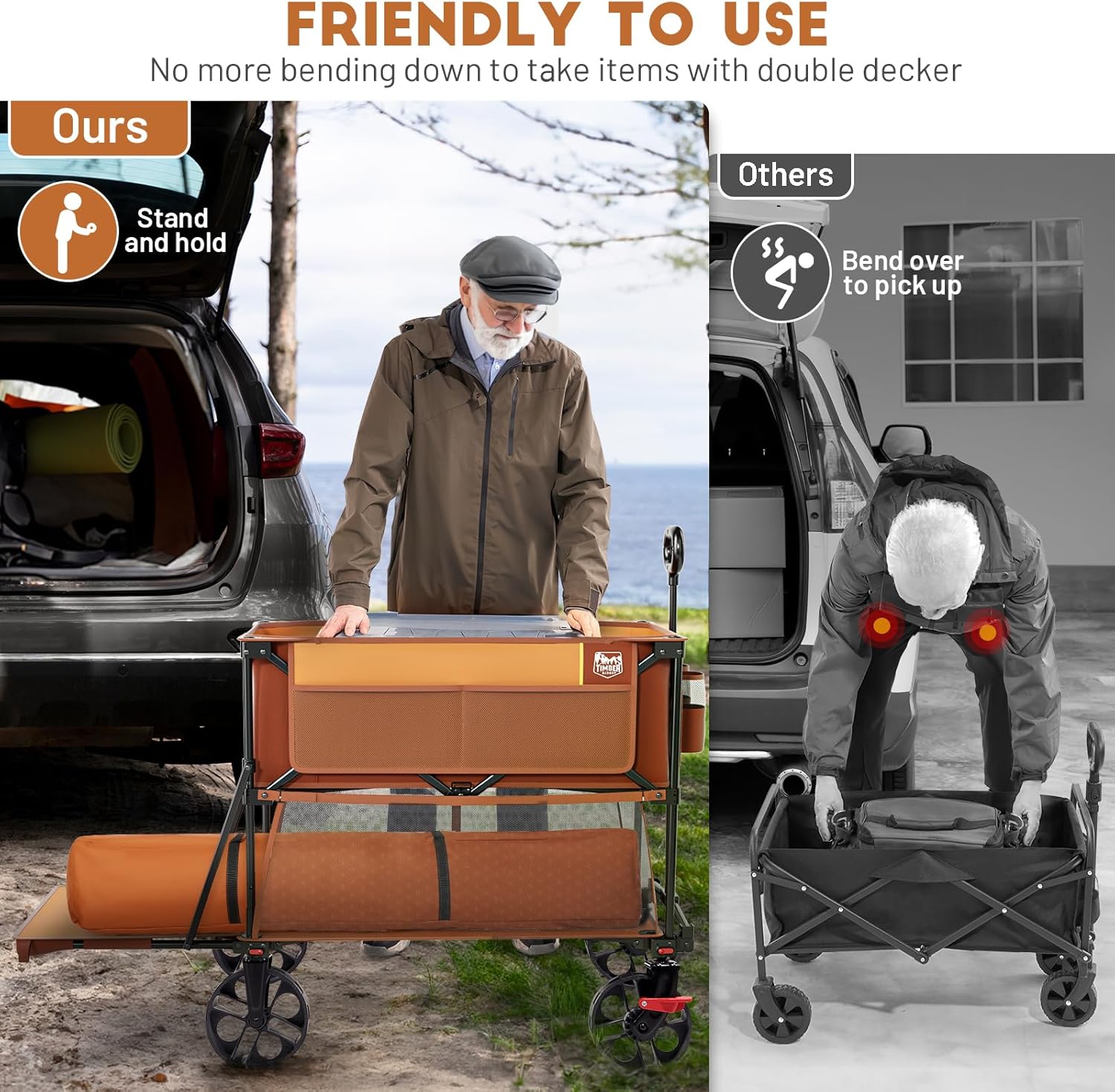 TIMBER RIDGE 400L Large Capacity Folding Double Decker Wagon with Brakes, 54" Extra Long Extender Wagon Cart, 660lbs Heavy Duty Collapsible Cart, All-Terrain Big Wheels for Camping, Sports, Shopping