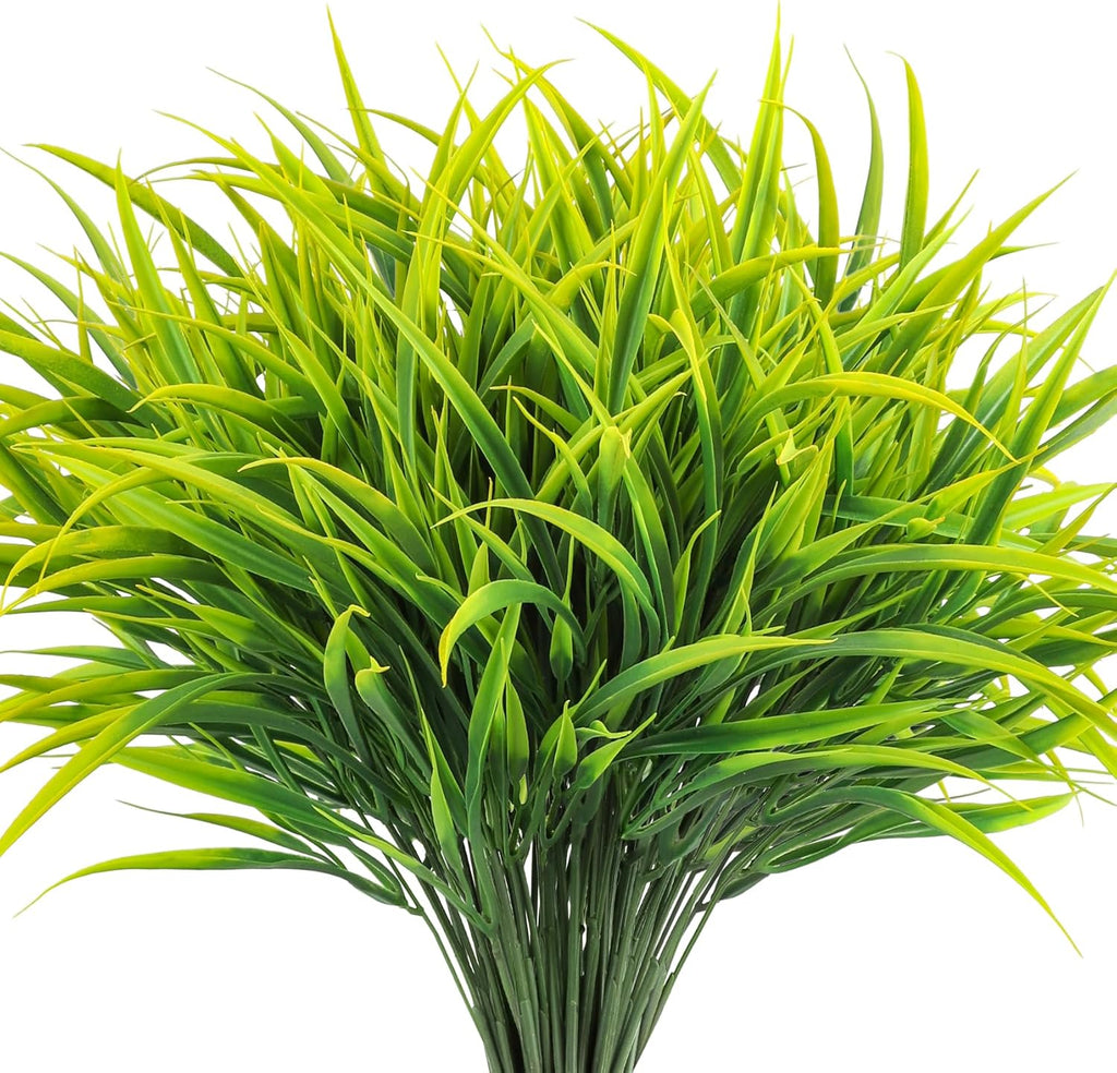 Ouddy Decor 16 Bundles Artificial Plants Outdoor Fake Grass Greenery Stems UV Resistant Faux Plastic Plants Shrubs for Spring Summer Home Garden Pathway Window Box Front Porch Decor, Yellow
