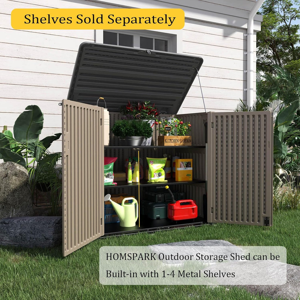 HOMSPARK Storage Shed Weather Resistance, Multi-Purpose Outdoor Storage Cabinet Waterproof, Outdoor Storage Cabinet for Bike, Garbage Cans, Lawnmower, Garden Accessories (coffee, Extra Large-48 cu ft)