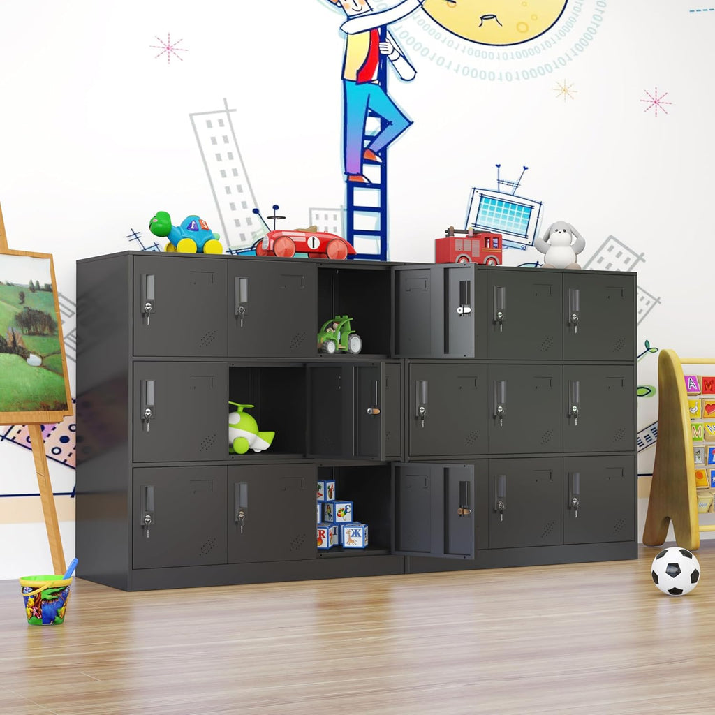 9 Doors Metal Lockers for Employees, Steel Storage Locker with Lock and Card Slot,Lockable Office Metal Storage for School Office Gym Bedroom,Garage (Black)