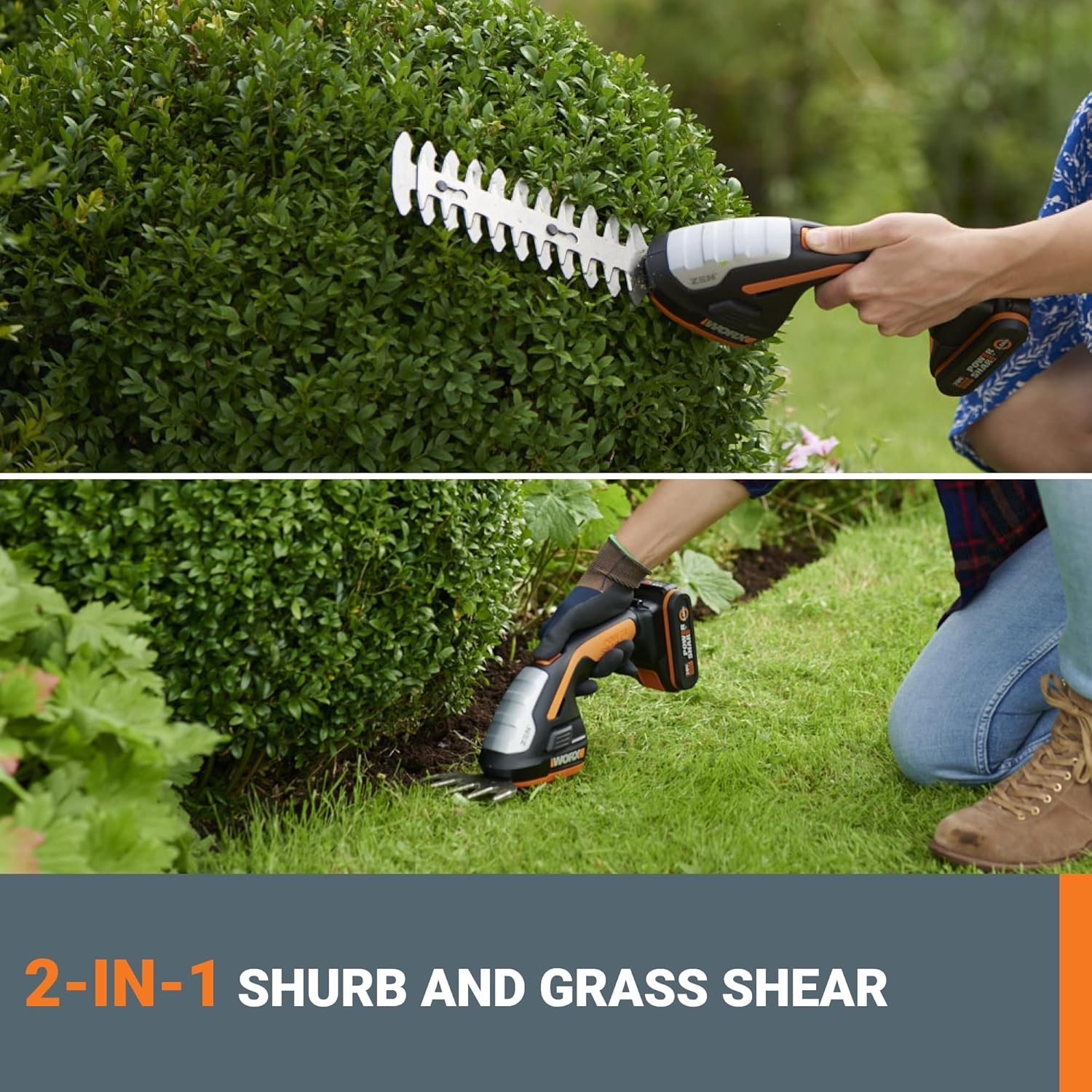 WORX WG801 20V 2 in 1 Cordless Hedge Trimmer, 4" Grass Shear & 8" Shrub Trimmer with 2 Blades, Battery & Charger Included