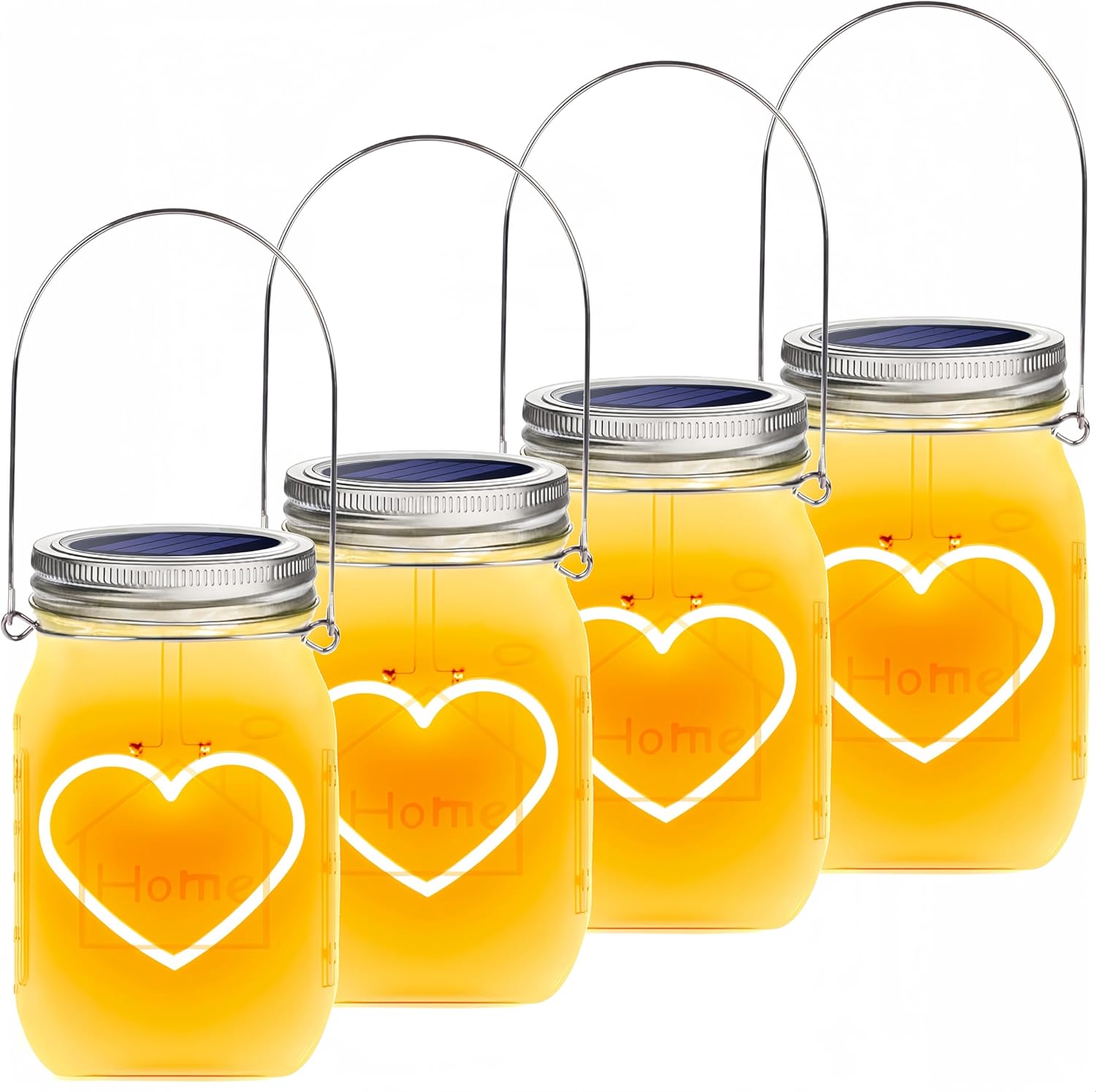 Hanging Solar Mason Jar Lights, 4 Pack Heart Shape Led Lights, Solar Lanterns Outdoor Waterproof Lights, Hangers and Jars Included, Gift for Mothers Day,Home Party Wedding Lover Garden Patio Decor (4)