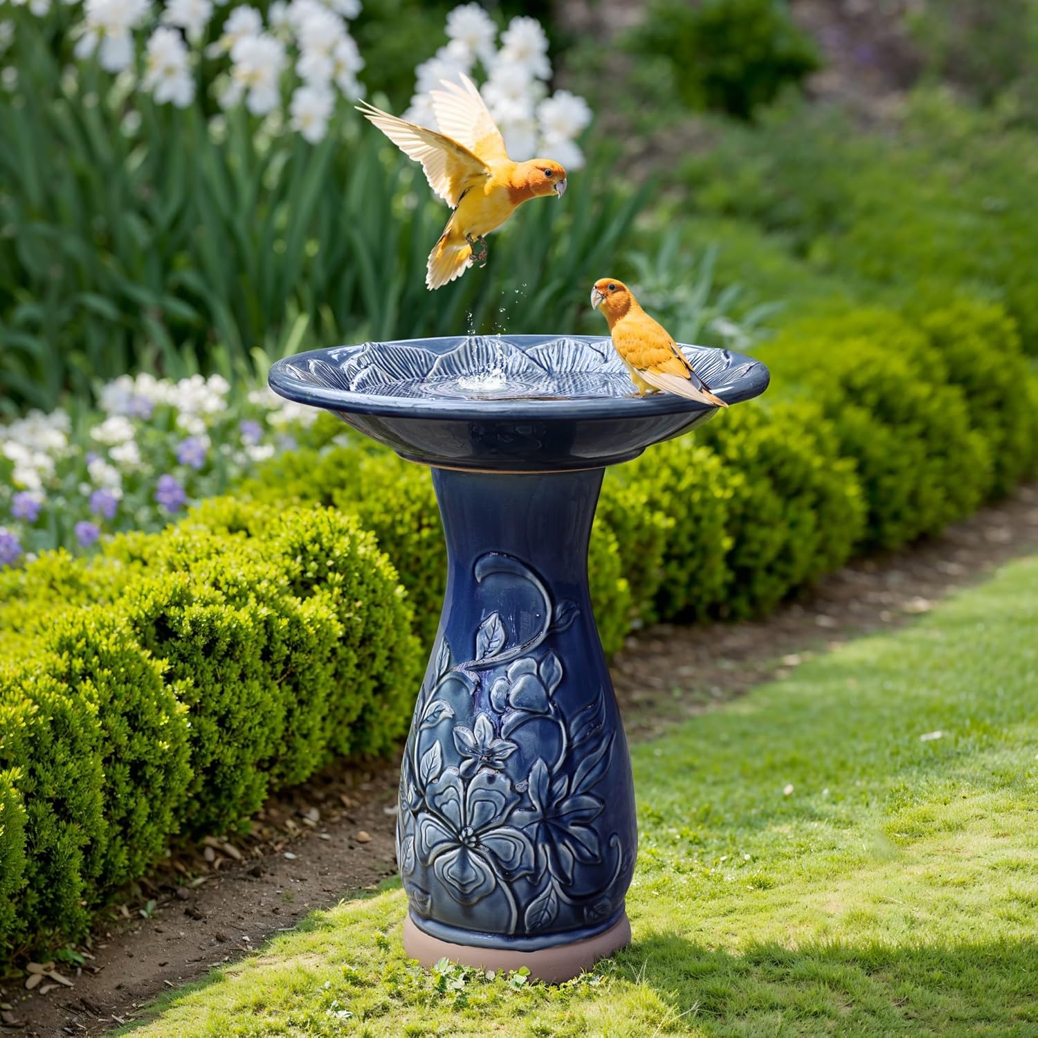 LuxenHome 22 Inch Ceramic Bird Bath for Outside, Elegant Tall Outdoor Bird Bath, Lightweight Pedestal Glazed Birdbaths for Outdoors with Floral Pattern, Deep Blue