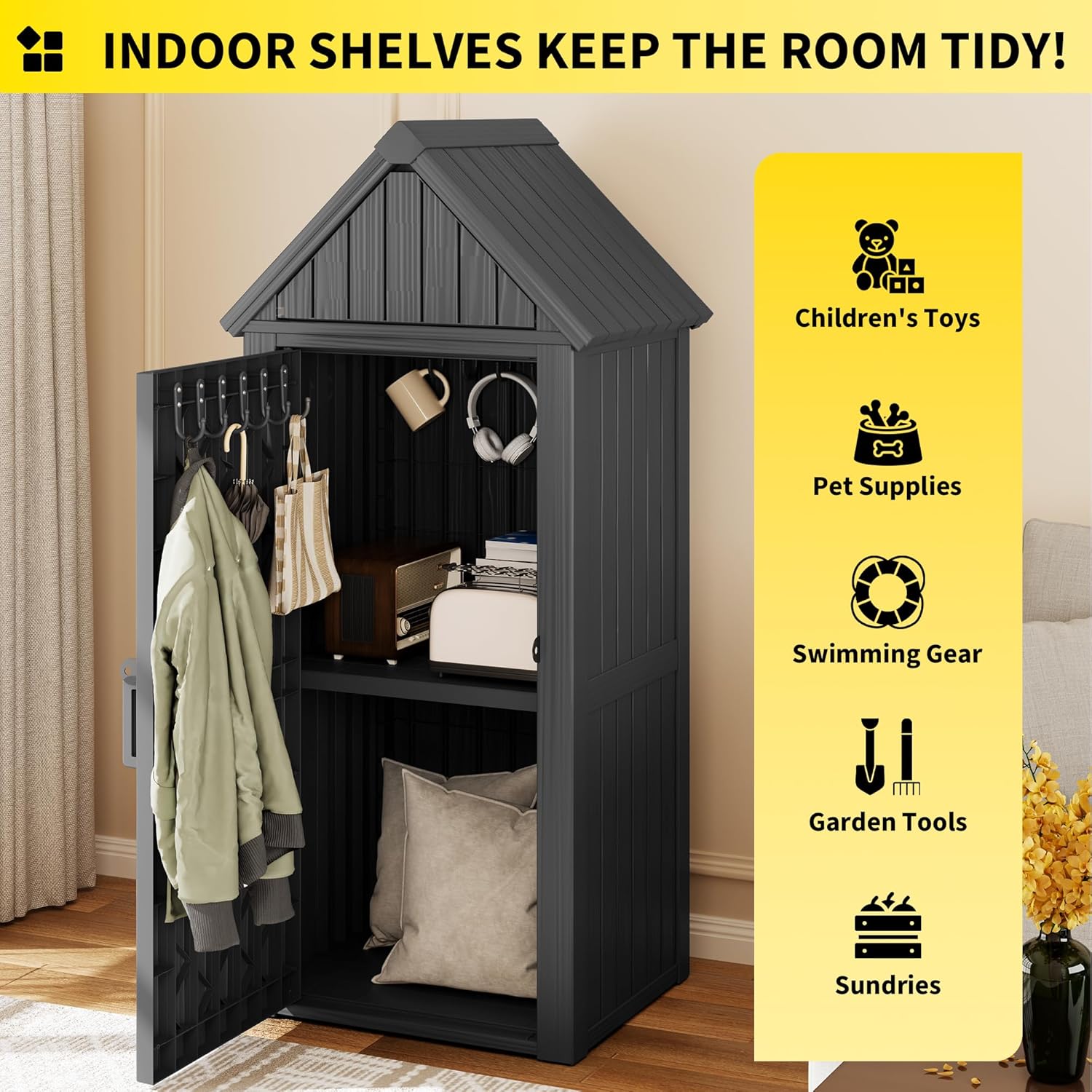 Outdoor Resin Storage Shed, Upgrade Durable Storage Cabinet with Removable Shelves and Lock Ring, Reinforced Floor, All-Weather Construction for Garden Patio Lawn (Black)