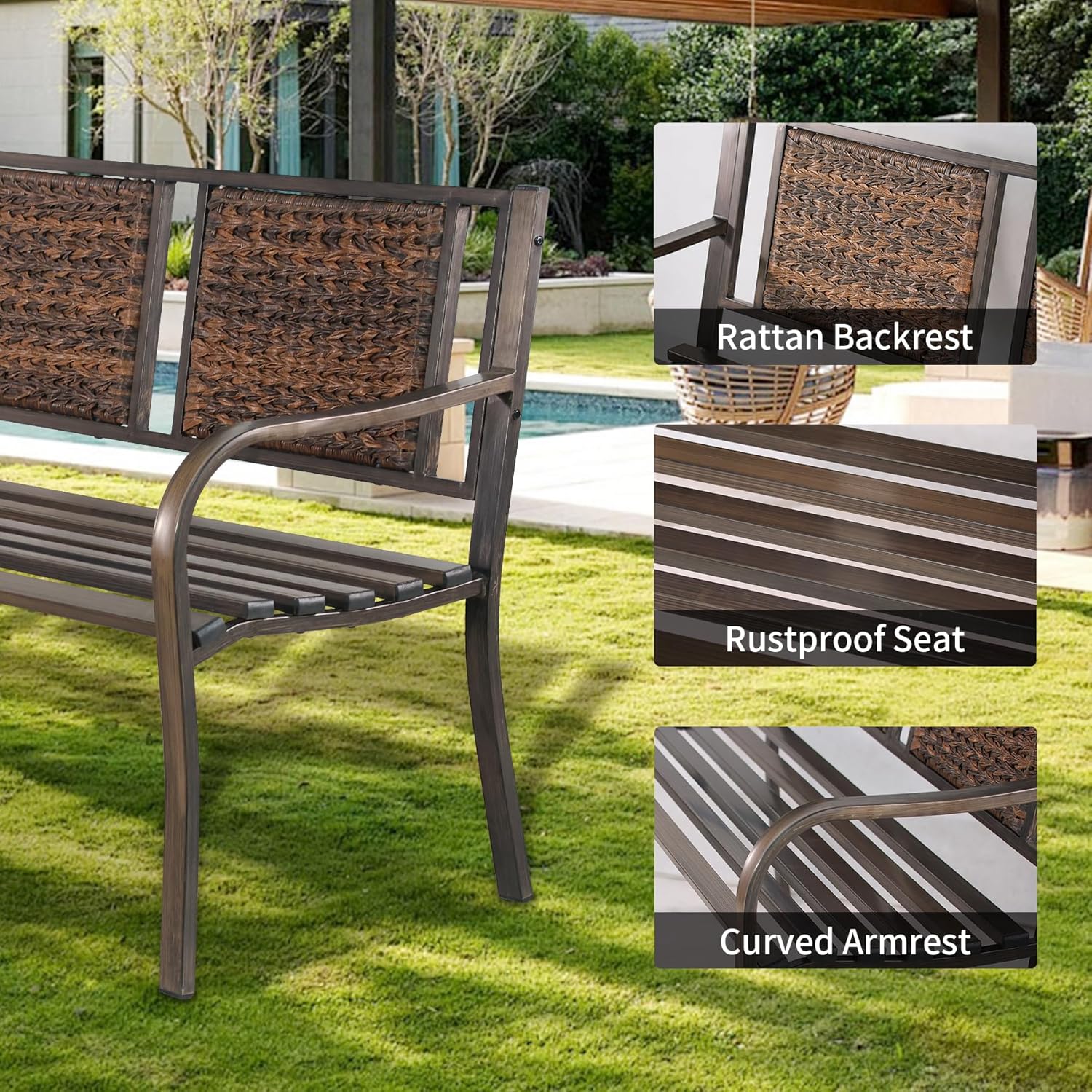 YLGJ&TIDY 50" Outdoor Bench, Metal Garden Bench, Patio Park Bench with Backrest & Armrests, Rust-Resistant, Perfect for Gardens, Parks, Porch, Lawn and Yard (Country Rustic)